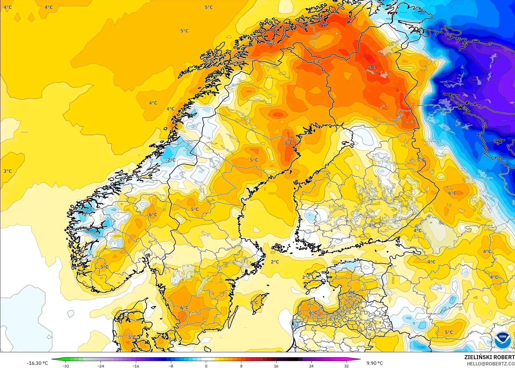 GFS model - Scandinavia, Temperature at 2m Anomaly