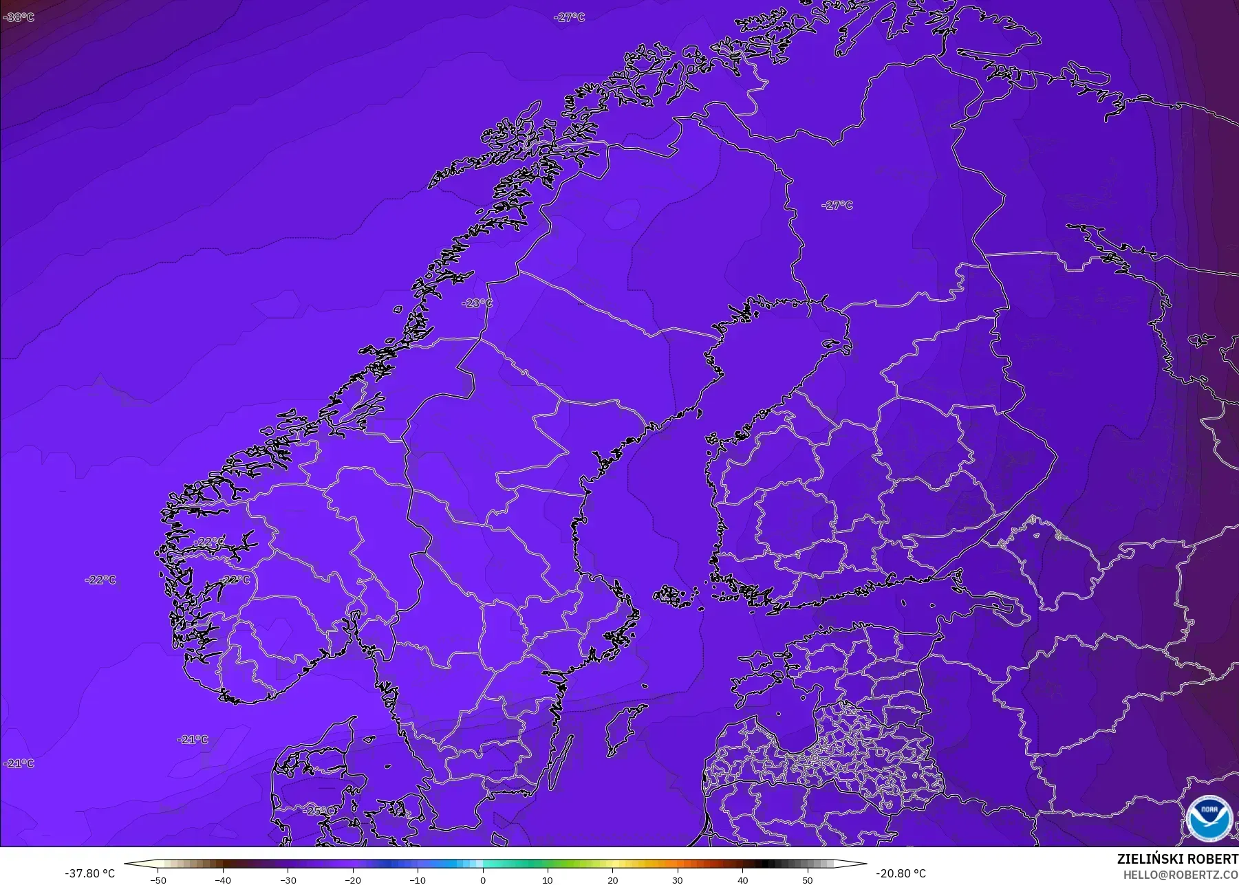 GFS model - Scandinavia, Temperature at 500hPa