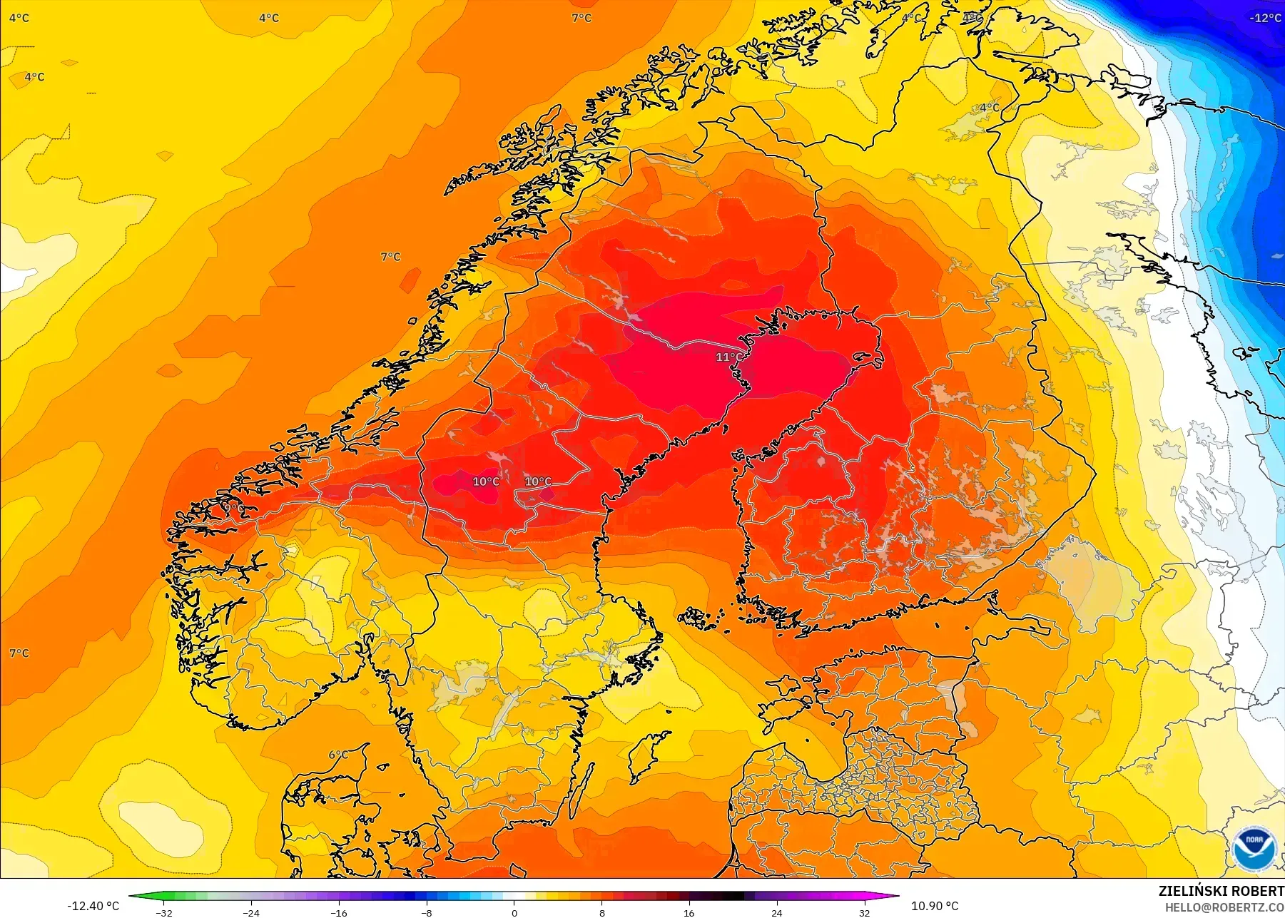 GFS model - Scandinavia, Temperature at 850hPa Anomaly