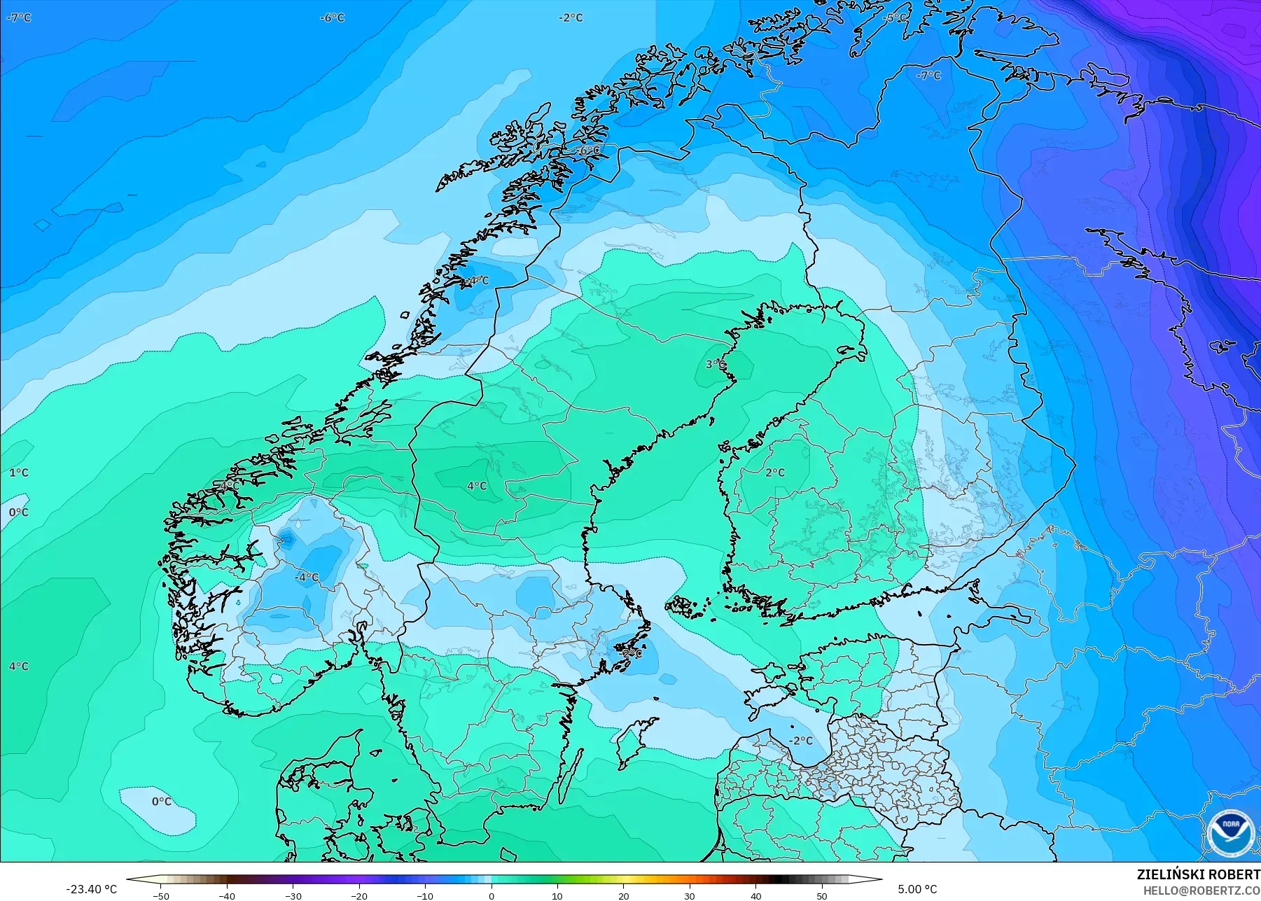 GFS model - Scandinavia, Temperature at 850hPa