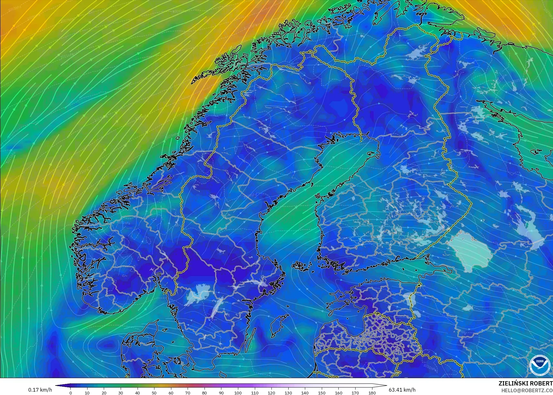 GFS model - Scandinavia, Wind at 10m