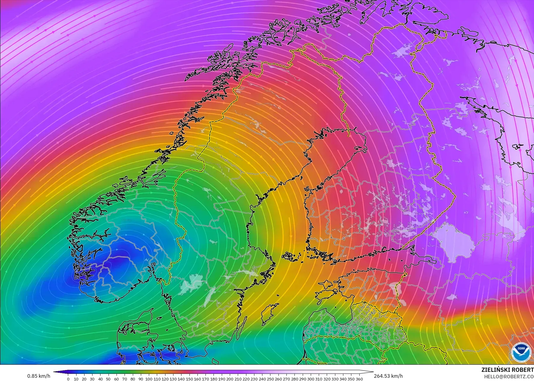GFS model - Scandinavia, Wind at 300hPa (jet stream)
