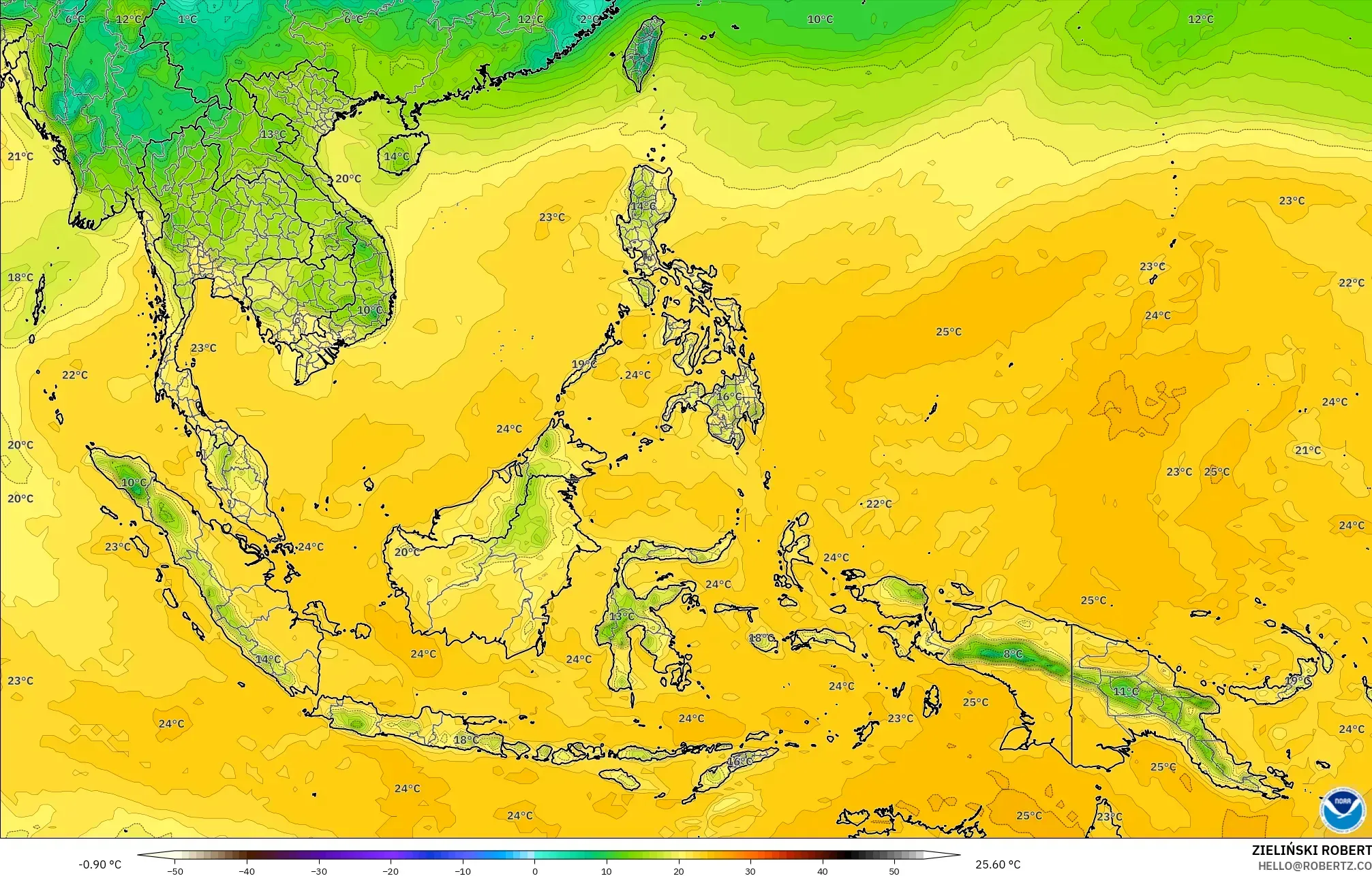 GFS model - South East Asia, Dewpoint at 2m