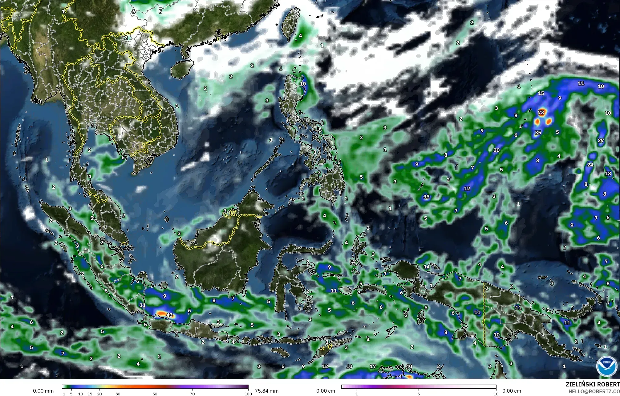 GFS model - South East Asia, Precipitation, Clouds, and Pressure
