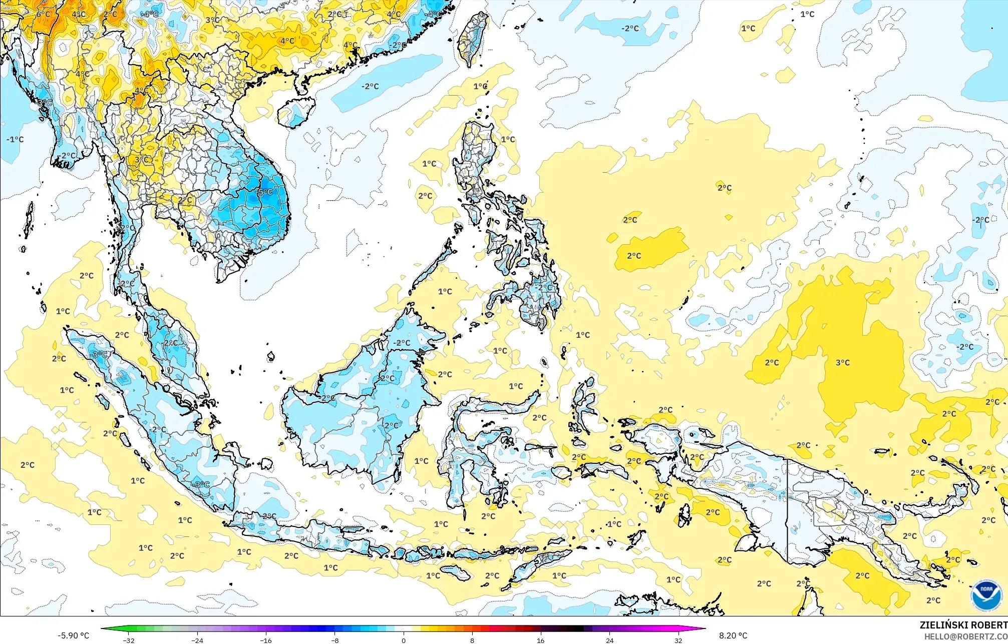 GFS model - South East Asia, Temperature at 2m Anomaly