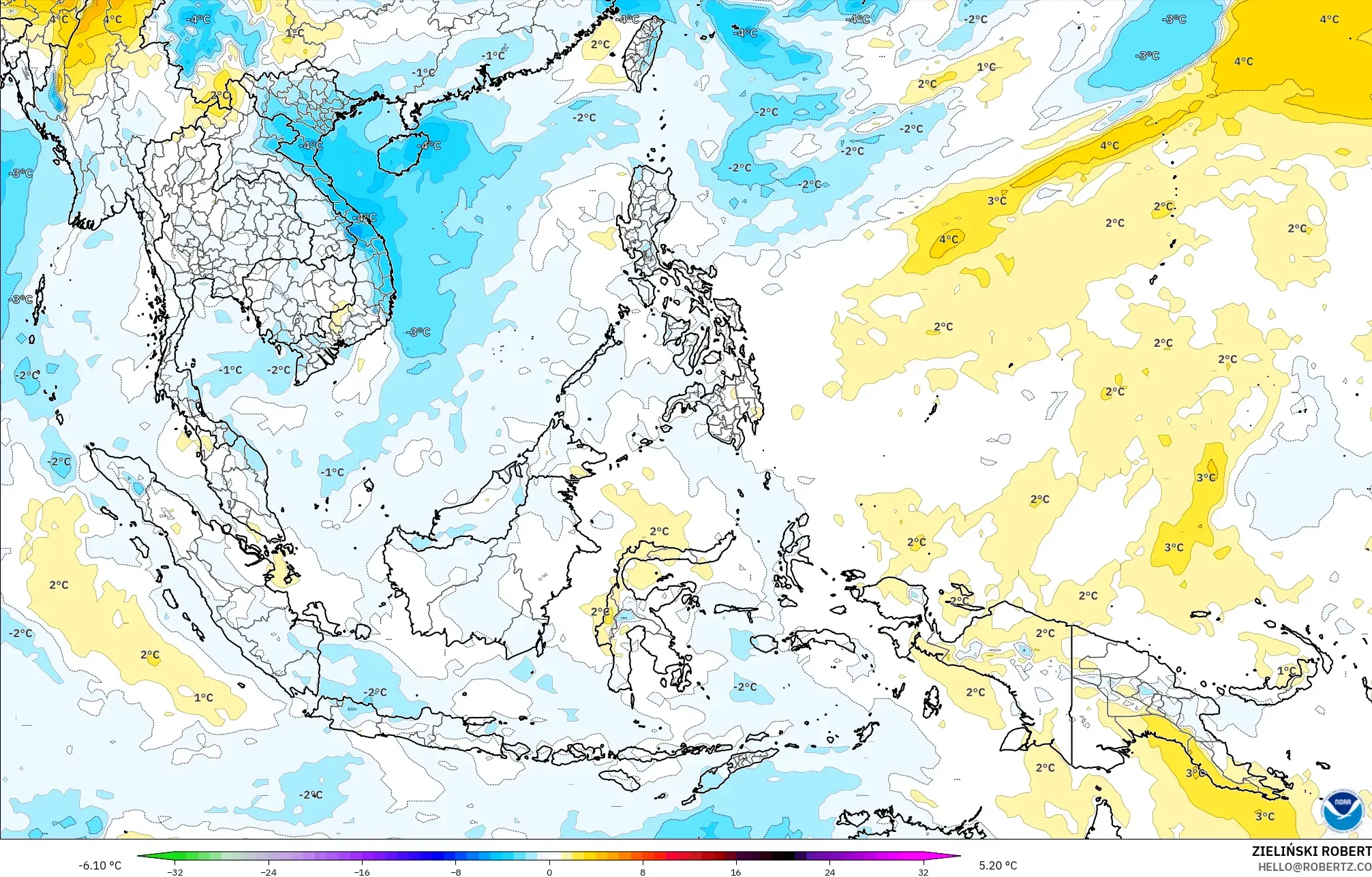 GFS model - South East Asia, Temperature at 850hPa Anomaly