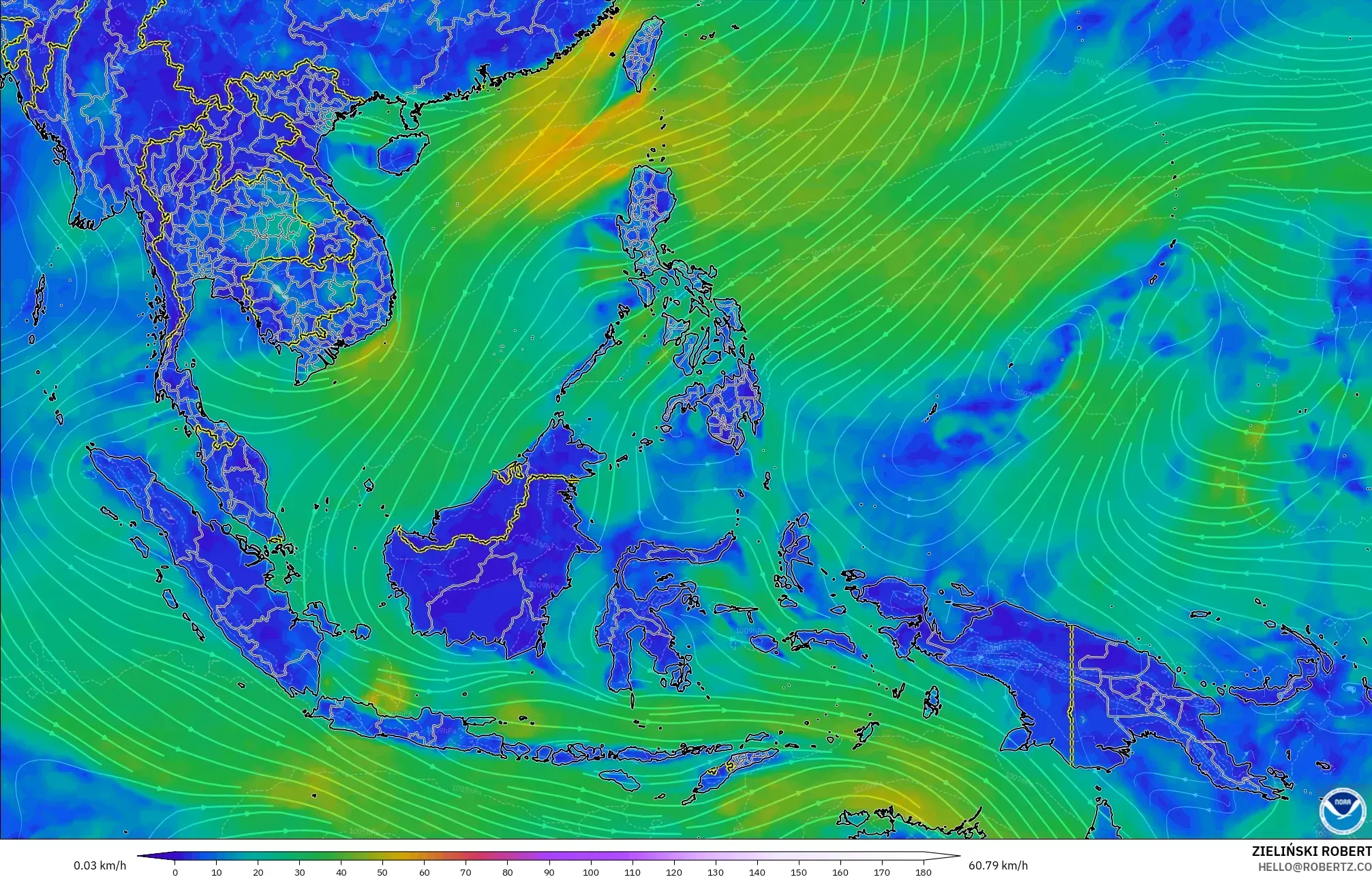 GFS model - South East Asia, Wind at 10m