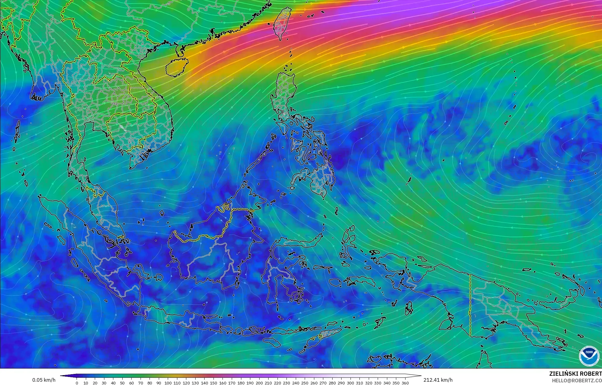 GFS model - South East Asia, Wind at 300hPa (jet stream)