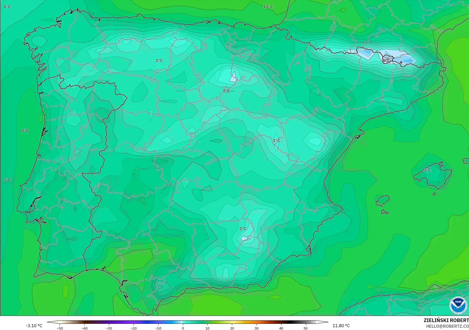 GFS model - Spain, Dewpoint at 2m