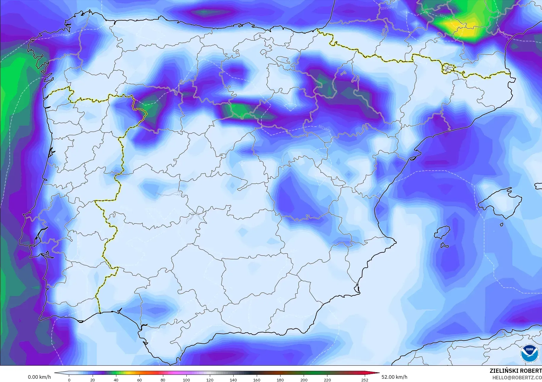GFS model - Spain, Wind Gusts Peak