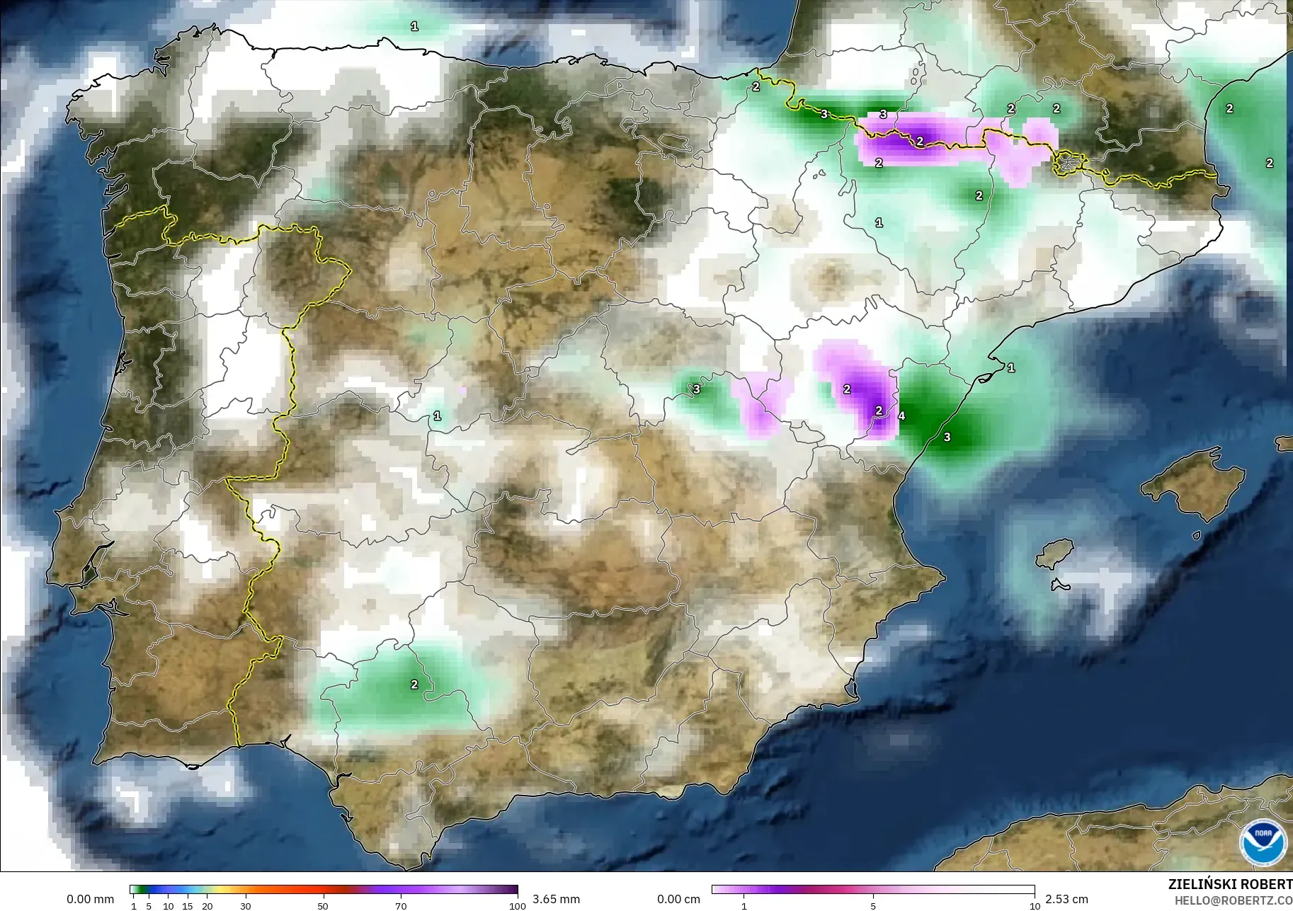 GFS model - Spain, Precipitation, Clouds, and Pressure