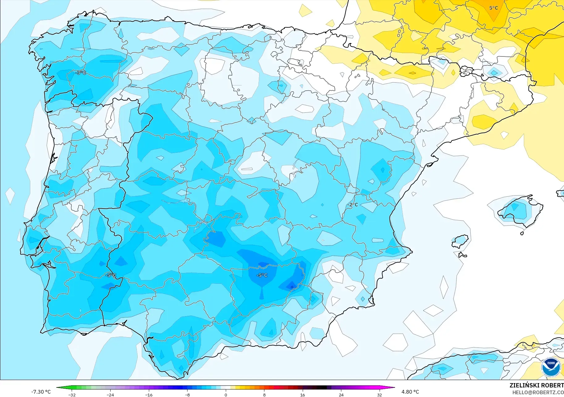 GFS model - Spain, Temperature at 2m Anomaly