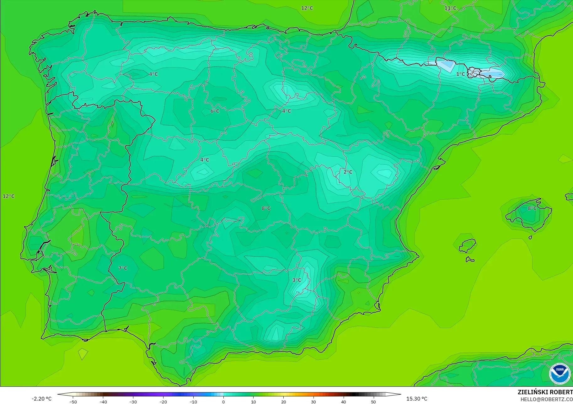 GFS model - Spain, Temperature at 2m