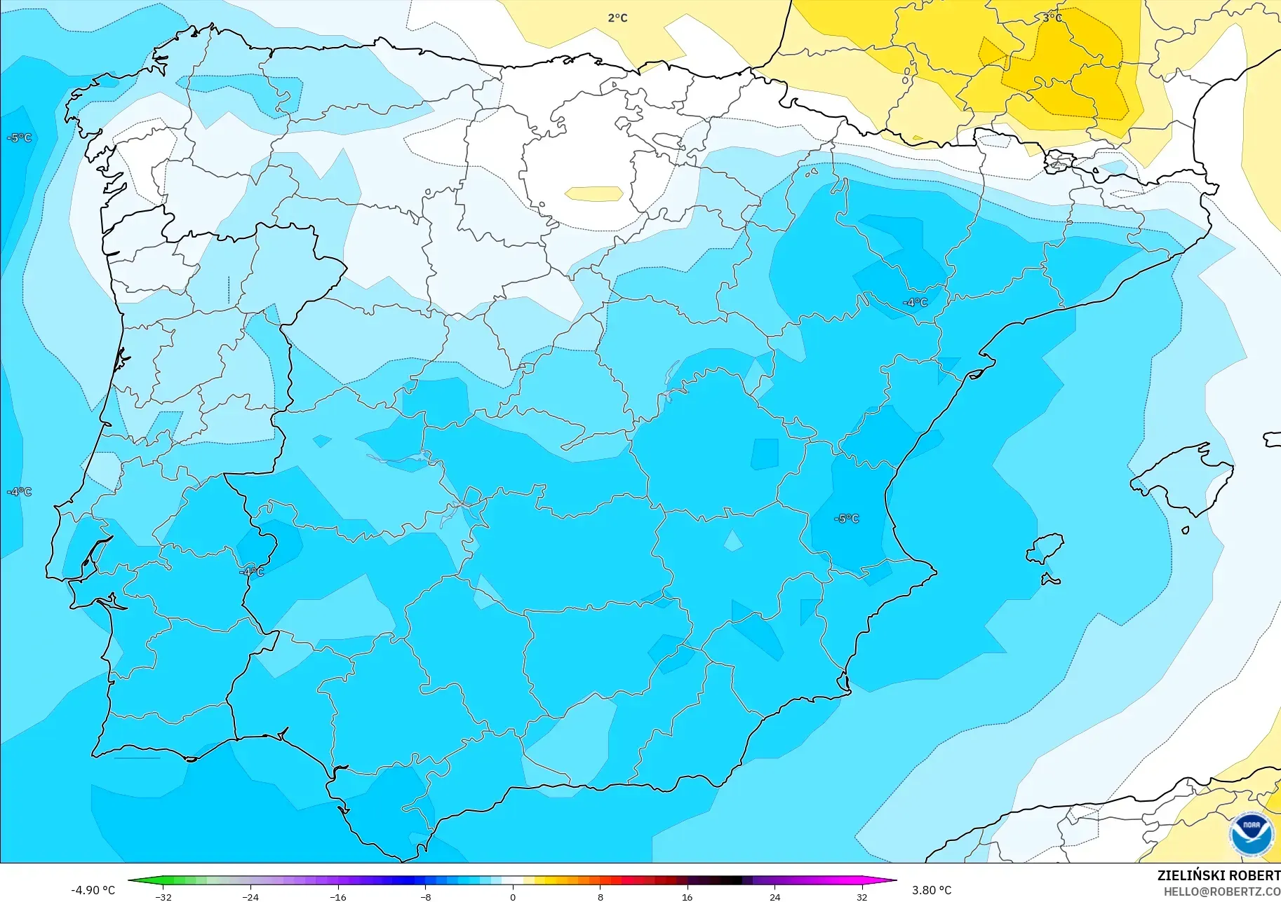 GFS model - Spain, Temperature at 850hPa Anomaly