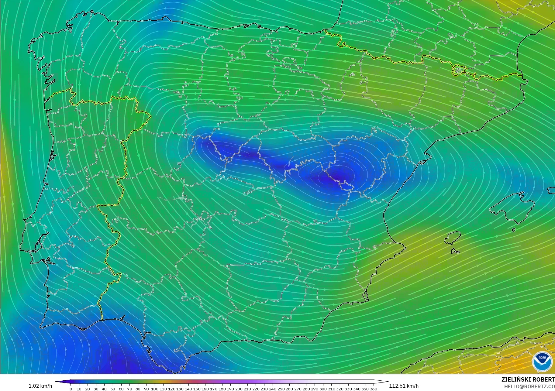 GFS model - Spain, Wind at 300hPa (jet stream)