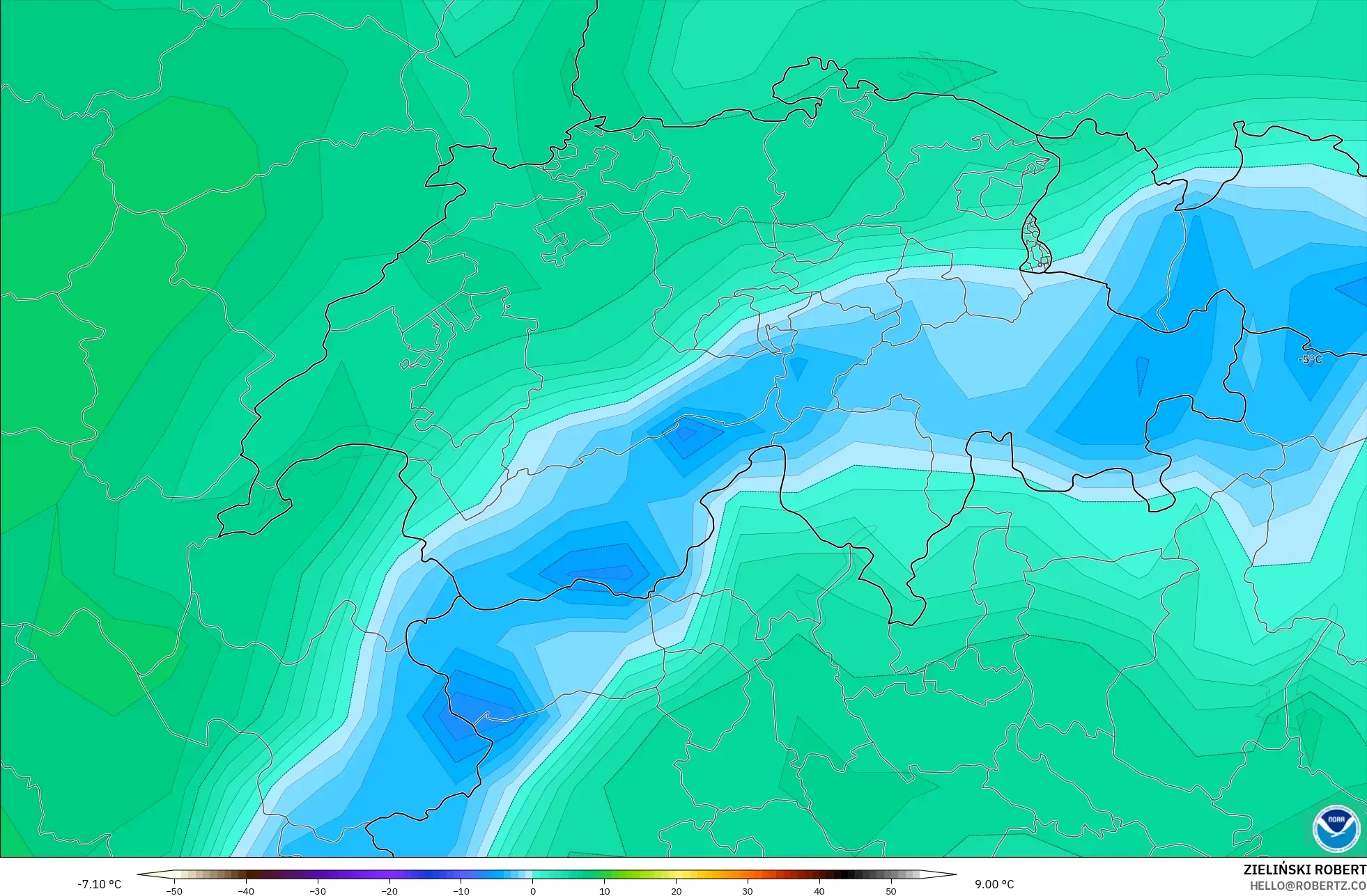 GFS model - Switzerland, Dewpoint at 2m