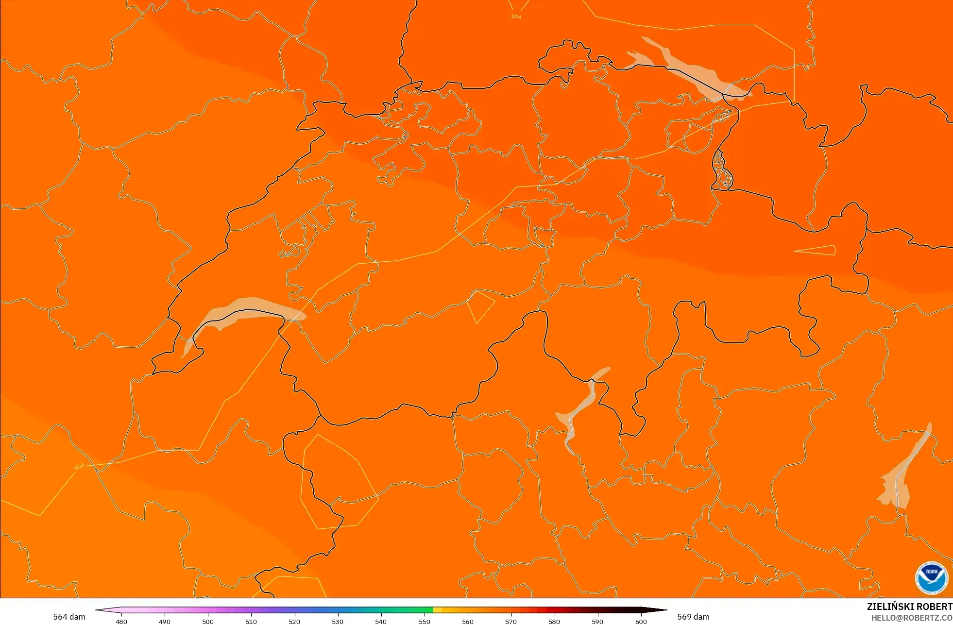 GFS model - Switzerland, Geopotential height at 500hPa
