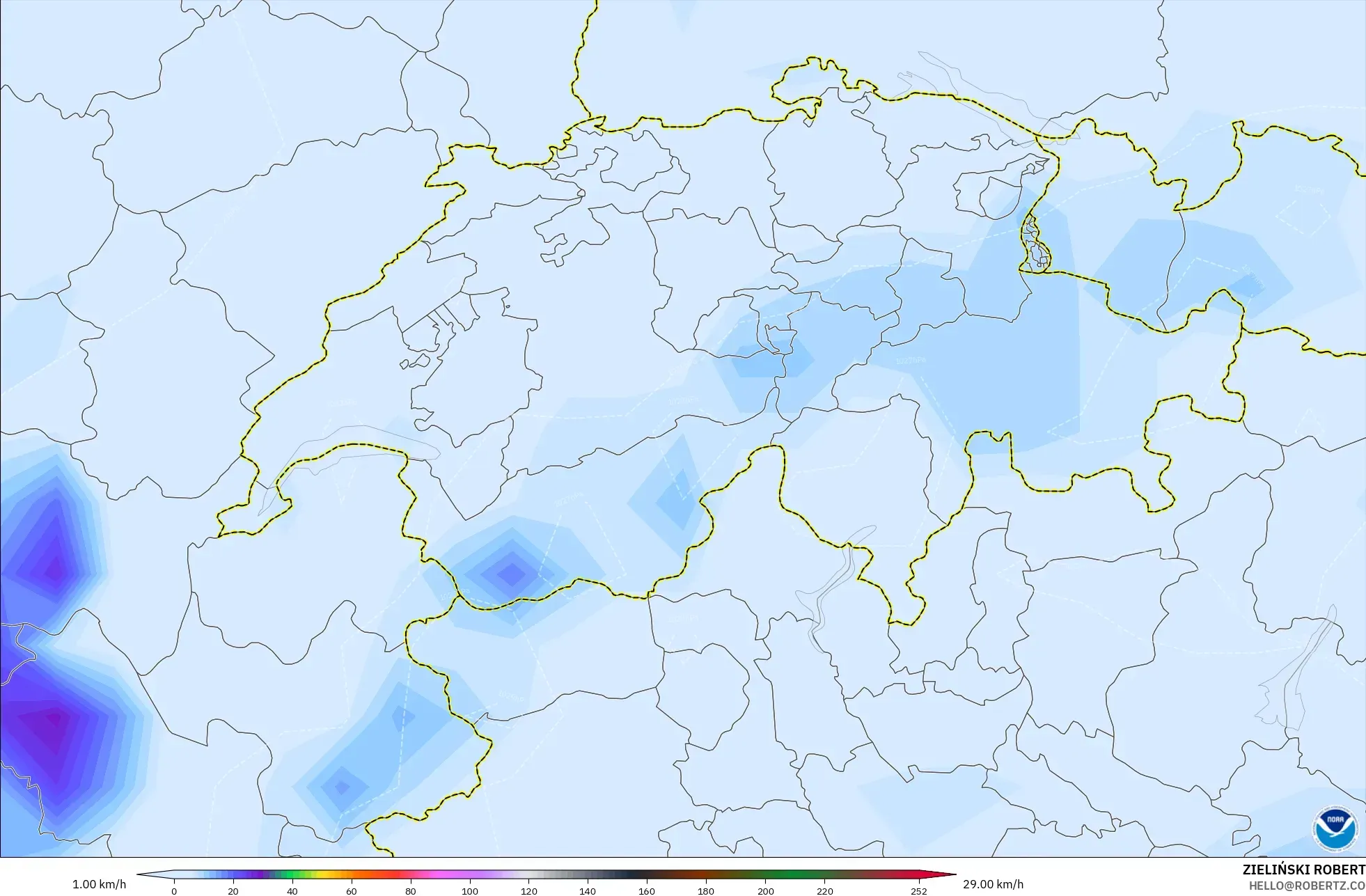 GFS model - Switzerland, Wind Gusts Peak