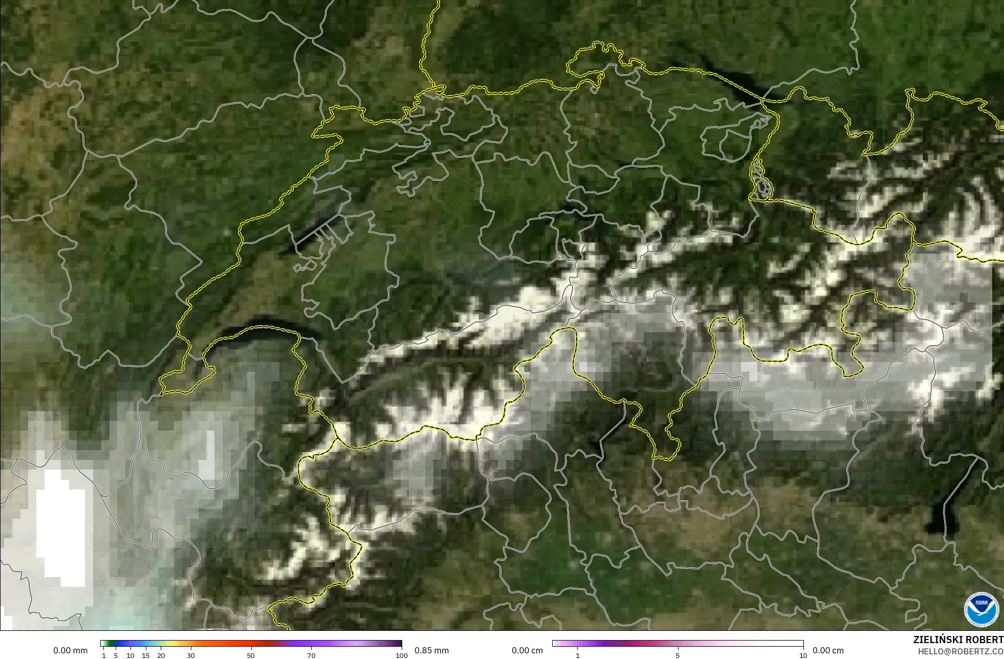 GFS model - Switzerland, Precipitation, Clouds, and Pressure