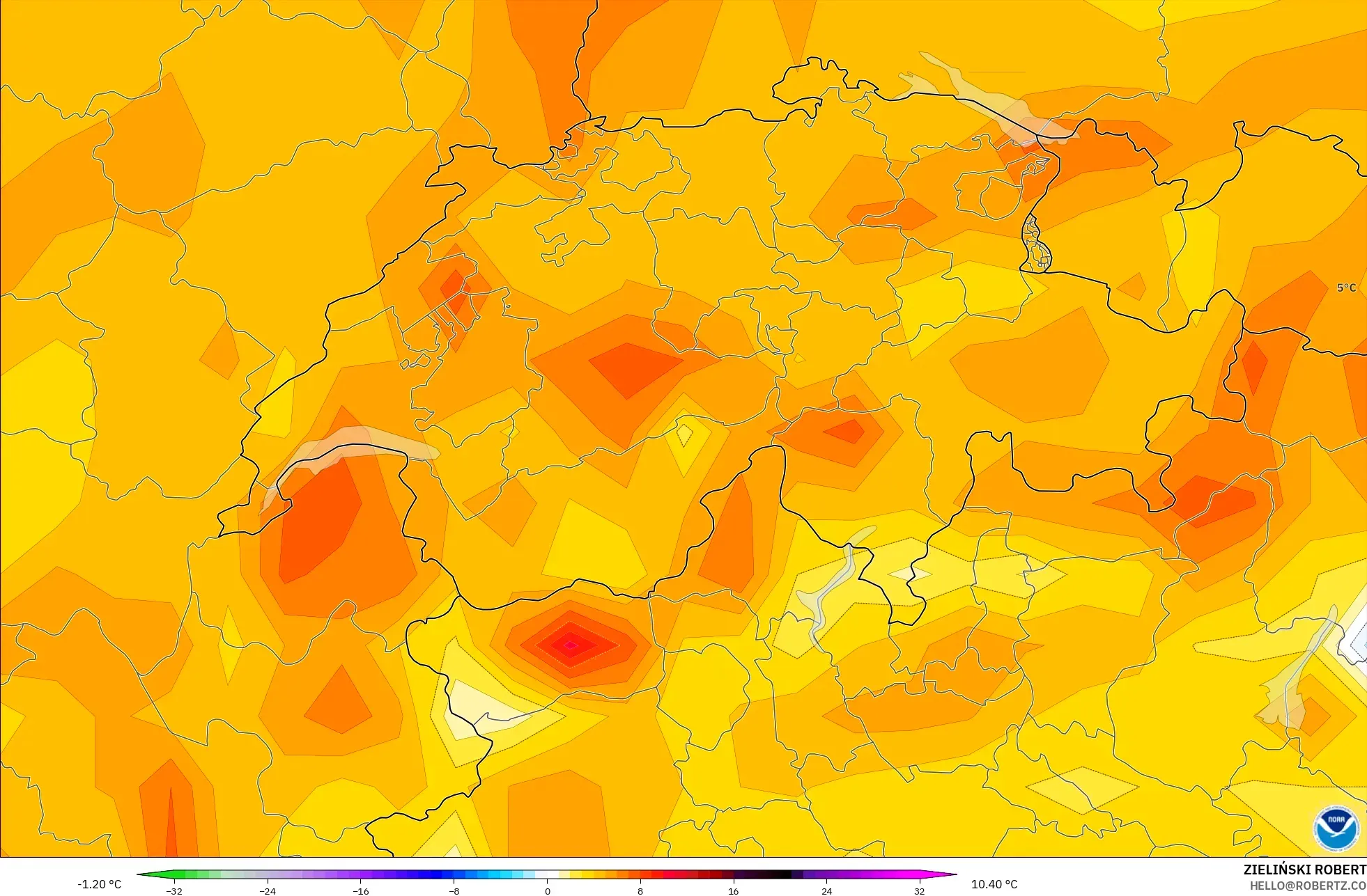 GFS model - Switzerland, Temperature at 2m Anomaly