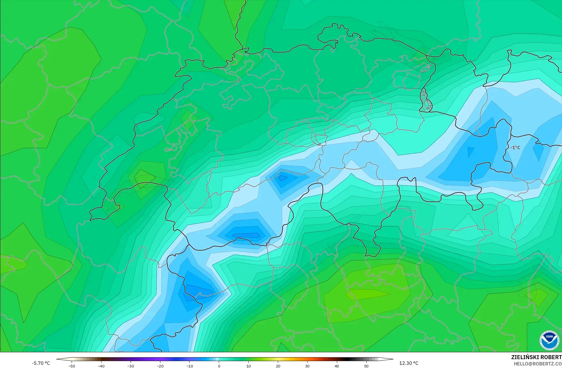 GFS model - Switzerland, Temperature at 2m