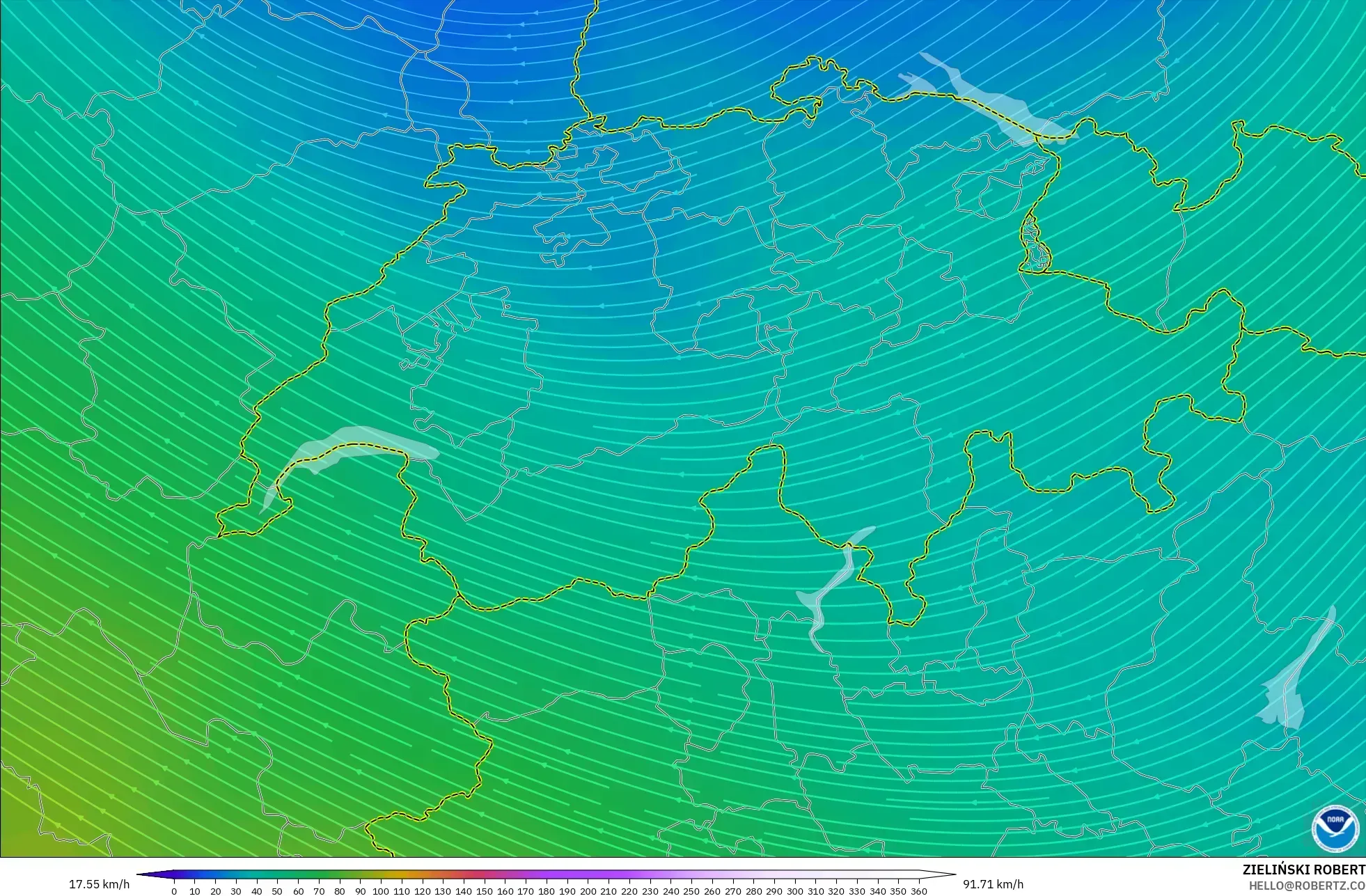 GFS model - Switzerland, Wind at 300hPa (jet stream)
