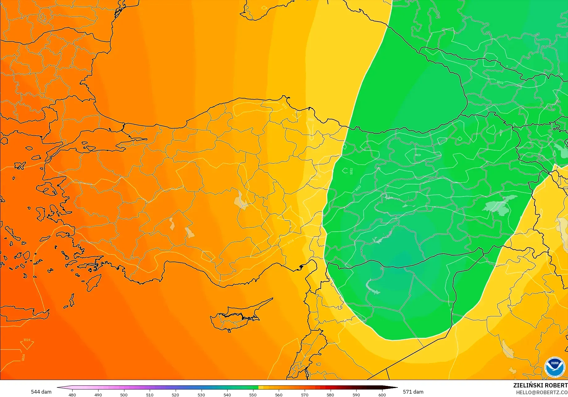 GFS model - Turkey, Geopotential height at 500hPa