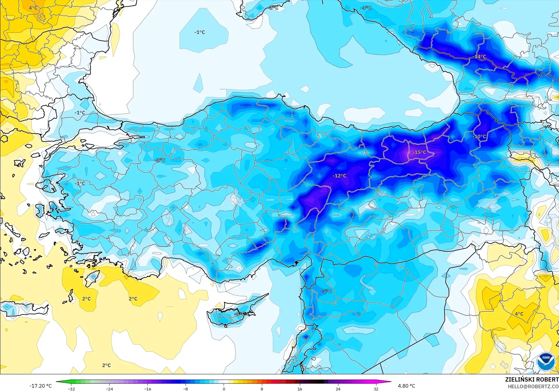 GFS model - Turkey, Temperature at 2m Anomaly