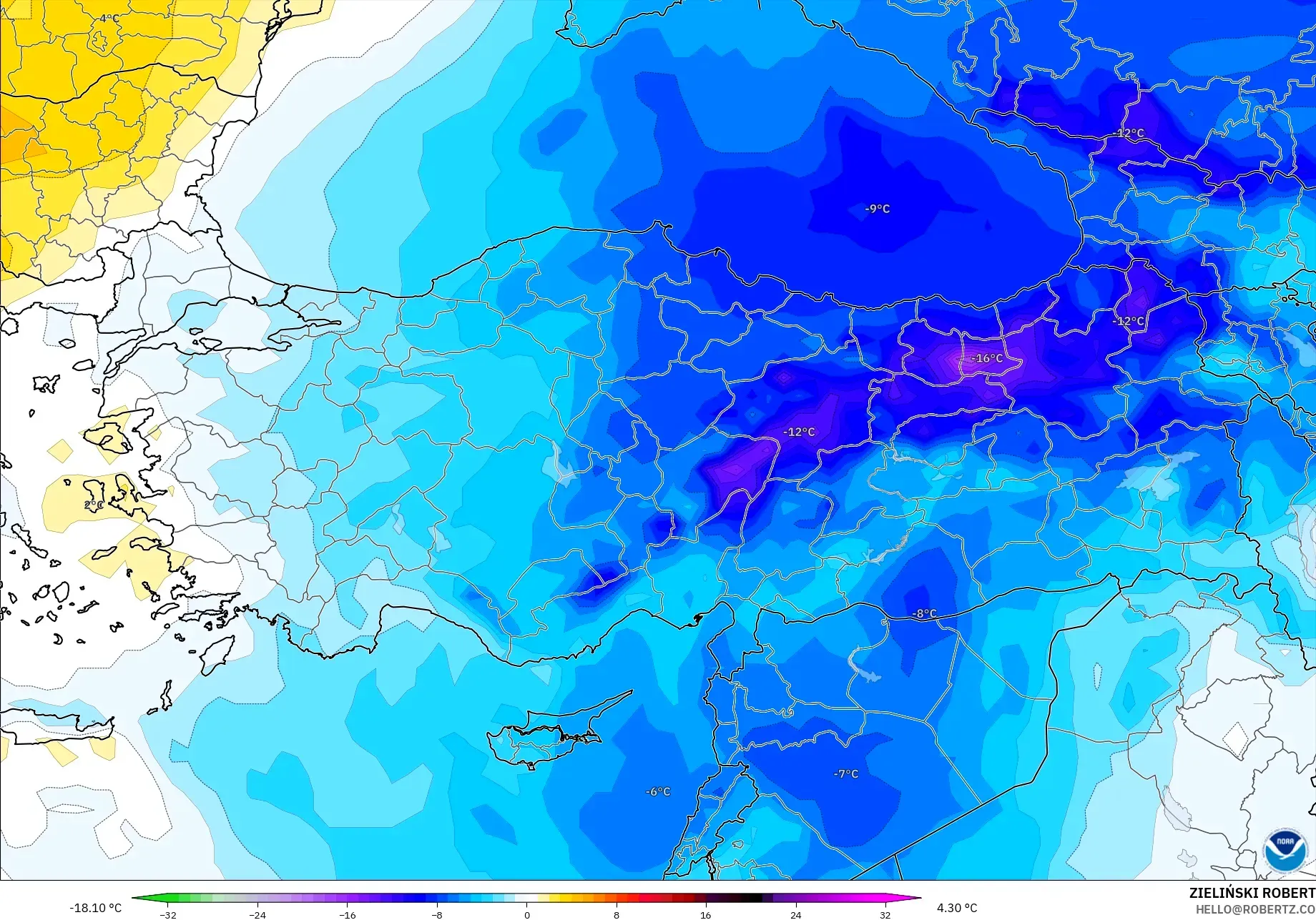 GFS model - Turkey, Temperature at 850hPa Anomaly