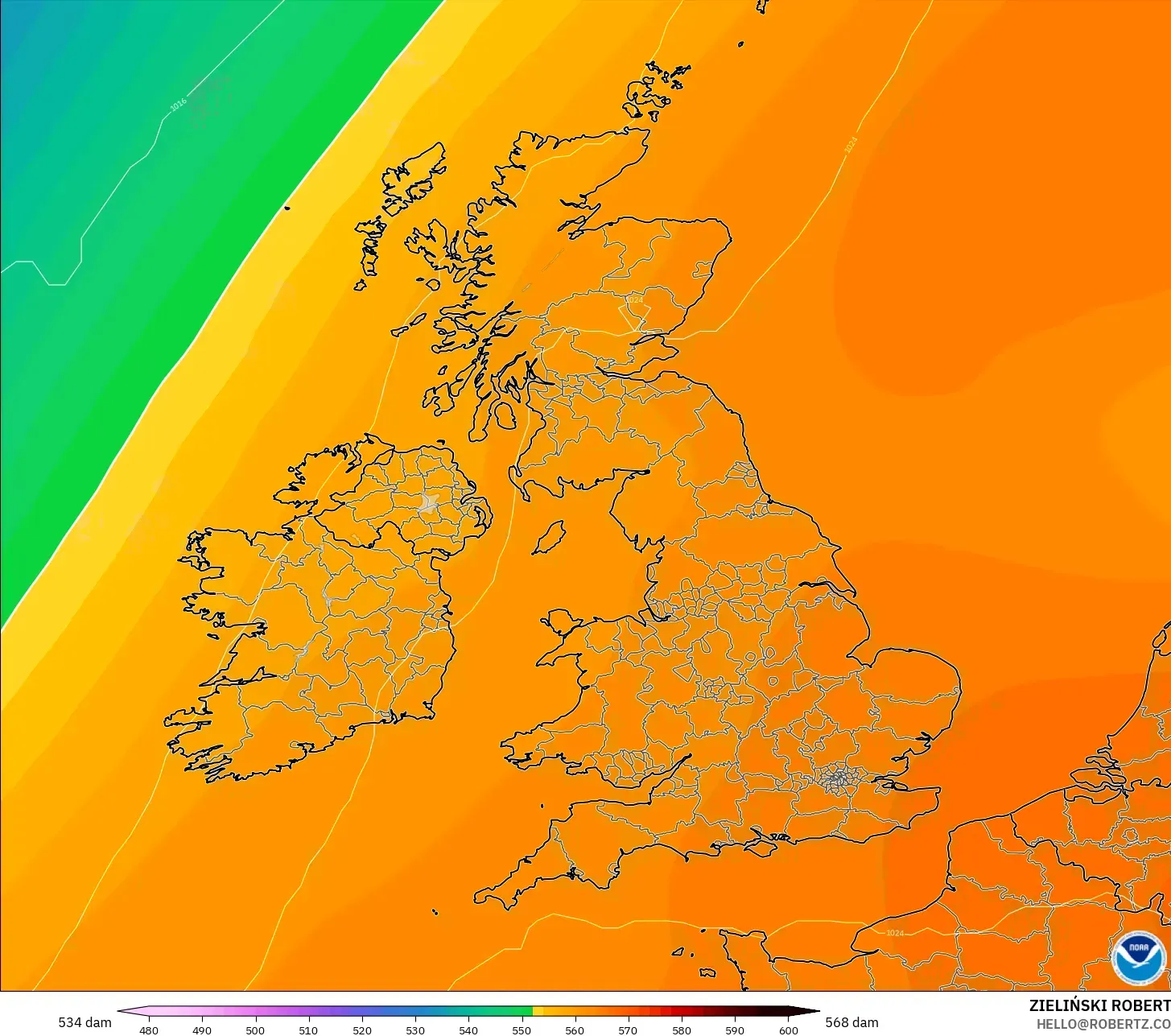 GFS model - United Kingdom, Geopotential height at 500hPa