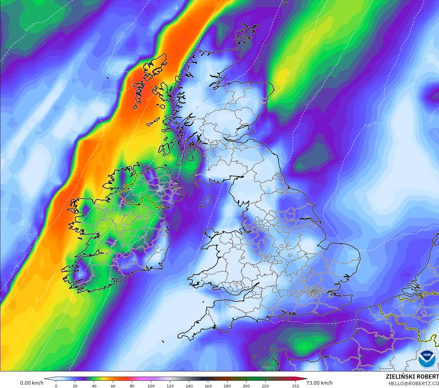GFS model - United Kingdom, Wind Gusts
