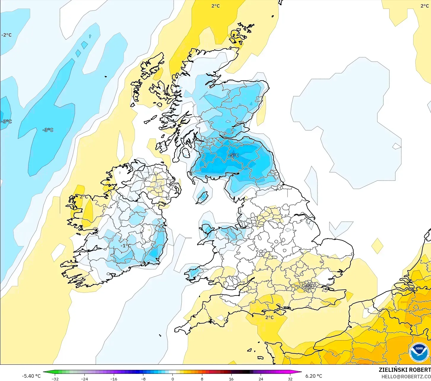 GFS model - United Kingdom, Temperature at 2m Anomaly
