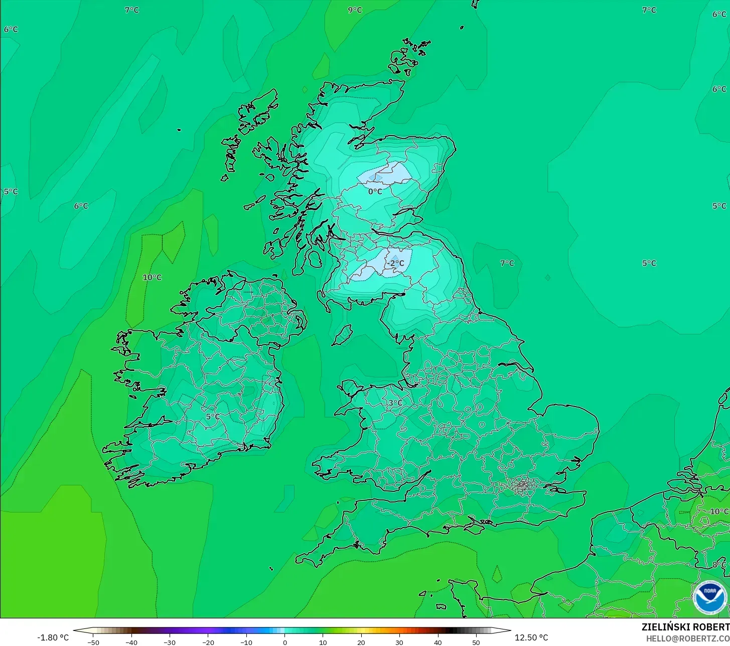 GFS model - United Kingdom, Temperature at 2m