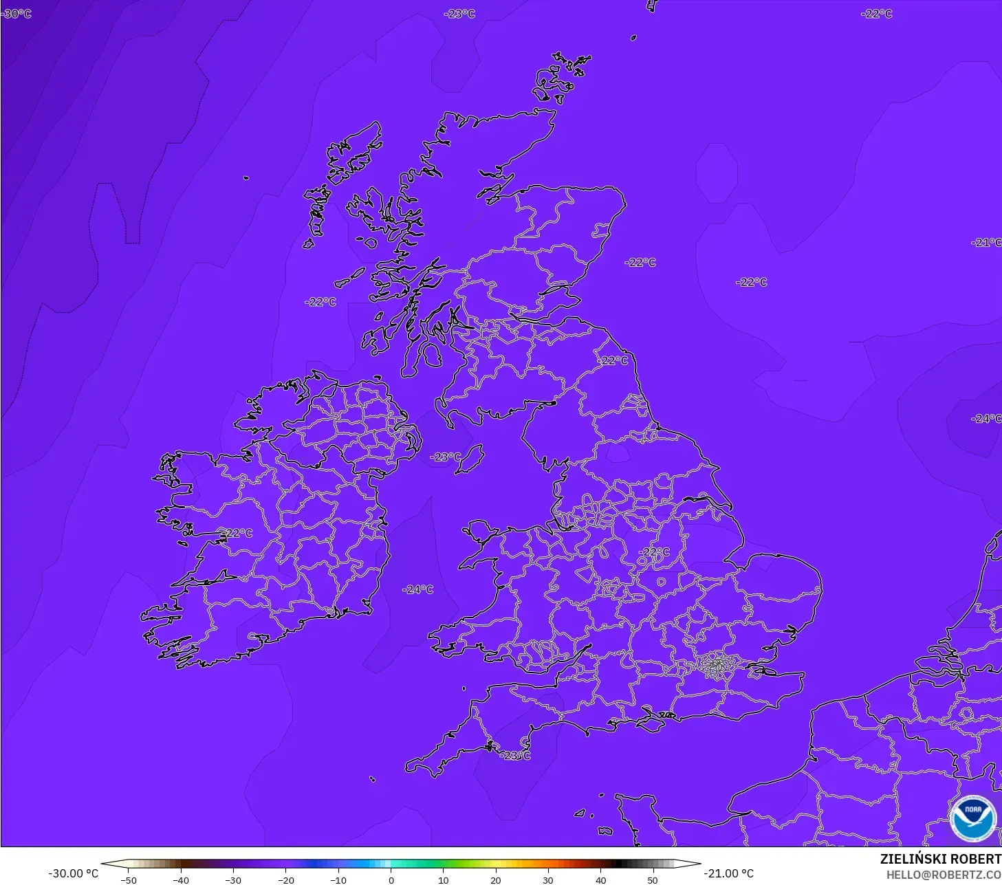 GFS model - United Kingdom, Temperature at 500hPa