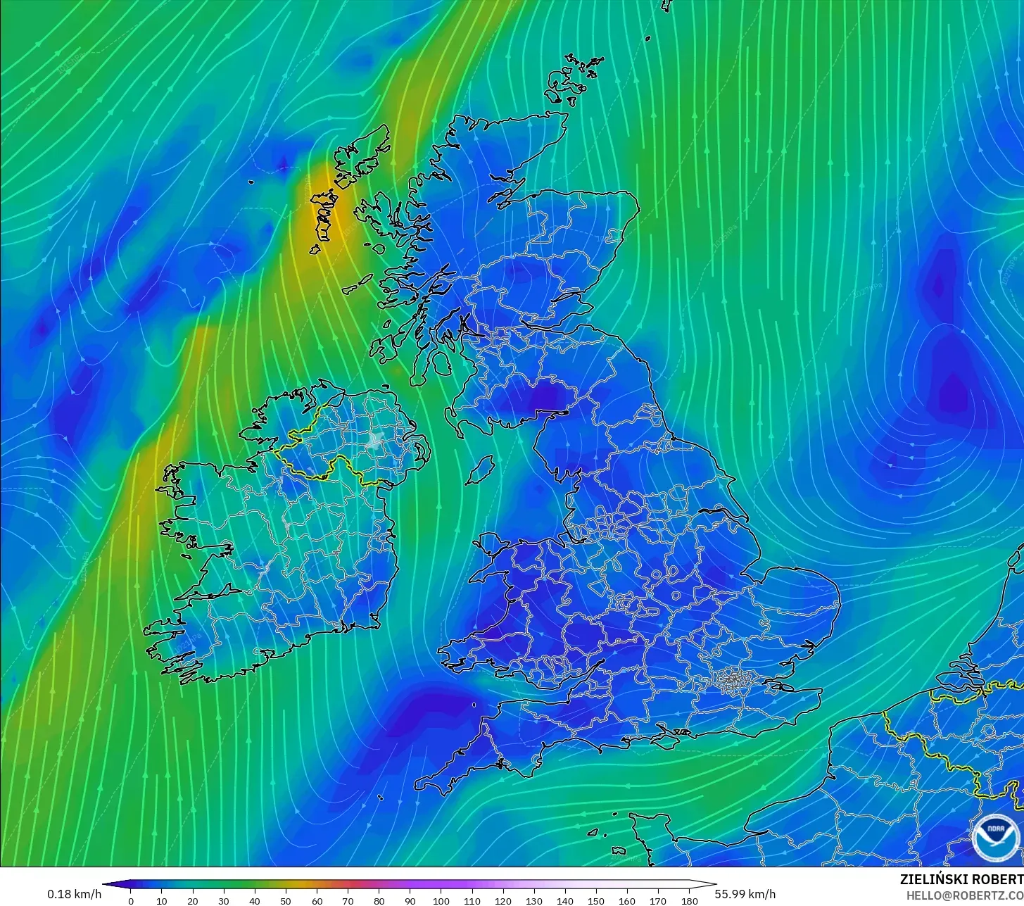 GFS model - United Kingdom, Wind at 10m