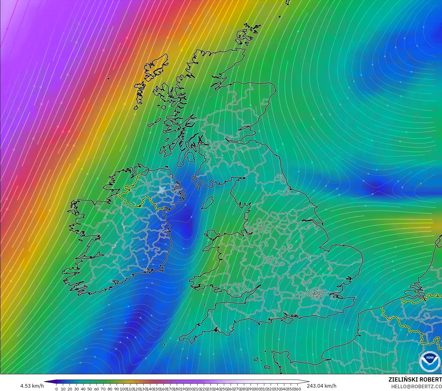 GFS model - United Kingdom, Wind at 300hPa (jet stream)