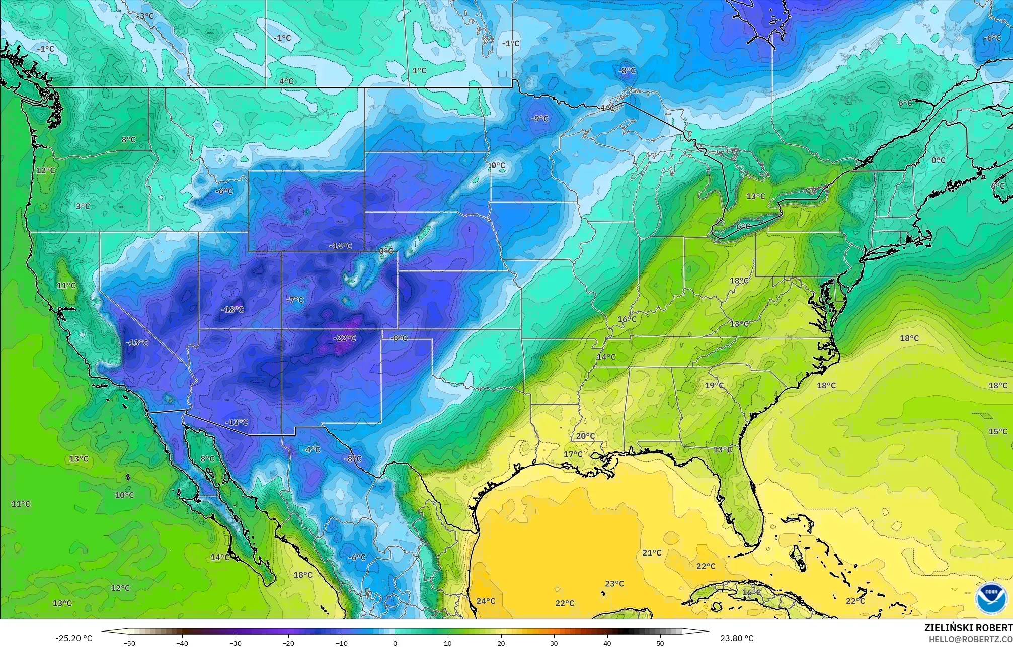 GFS model - United States, Dewpoint at 2m
