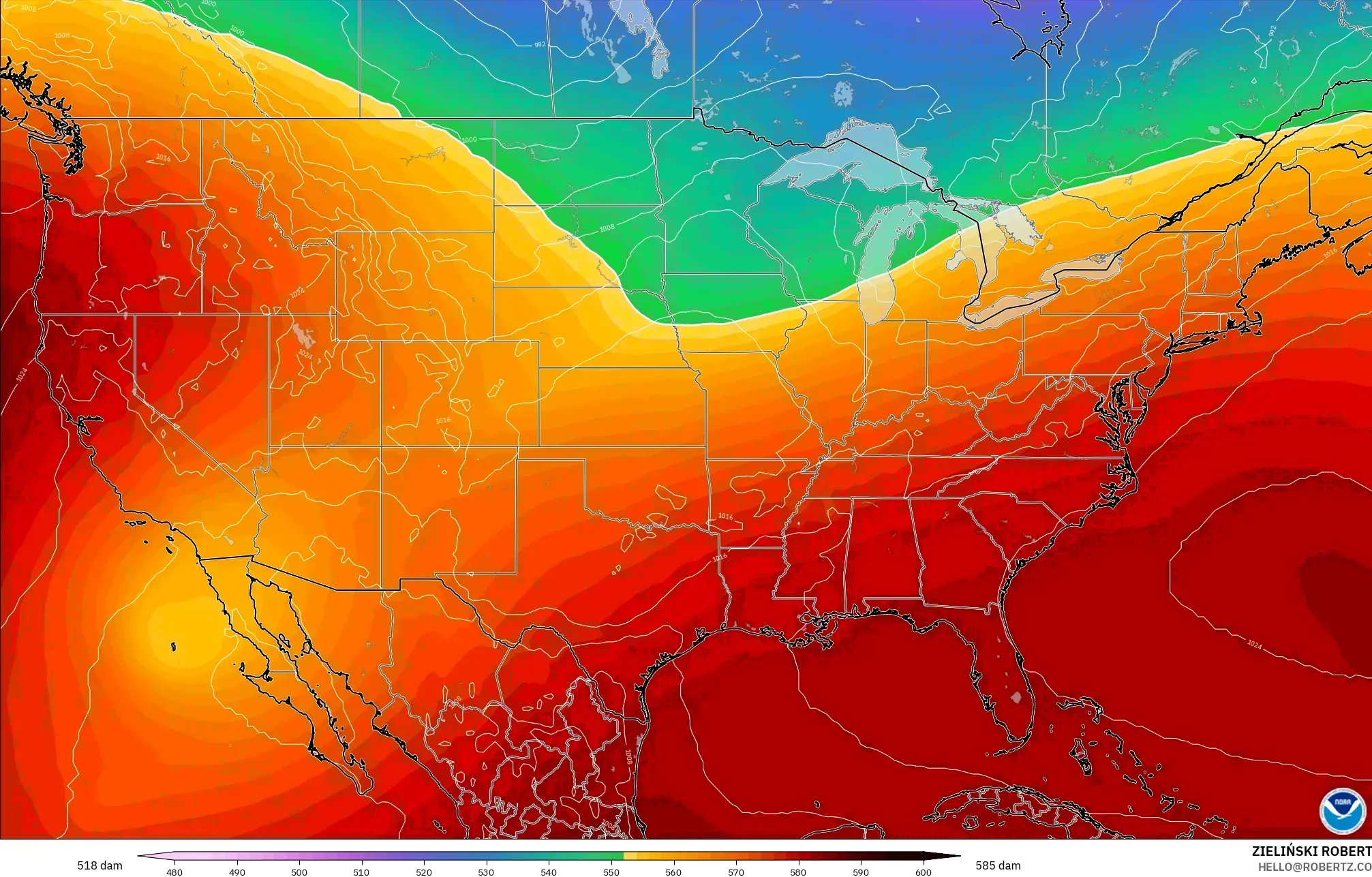 GFS model - United States, Geopotential height at 500hPa