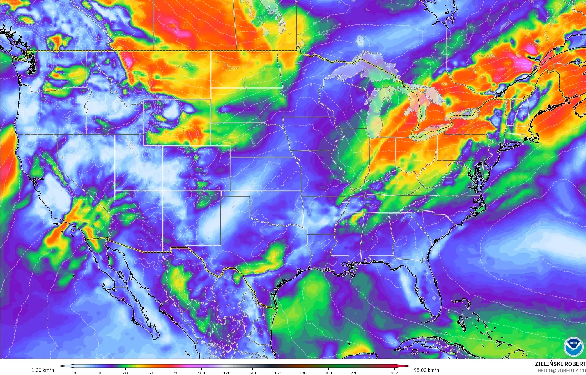 GFS model - United States, Wind Gusts Peak