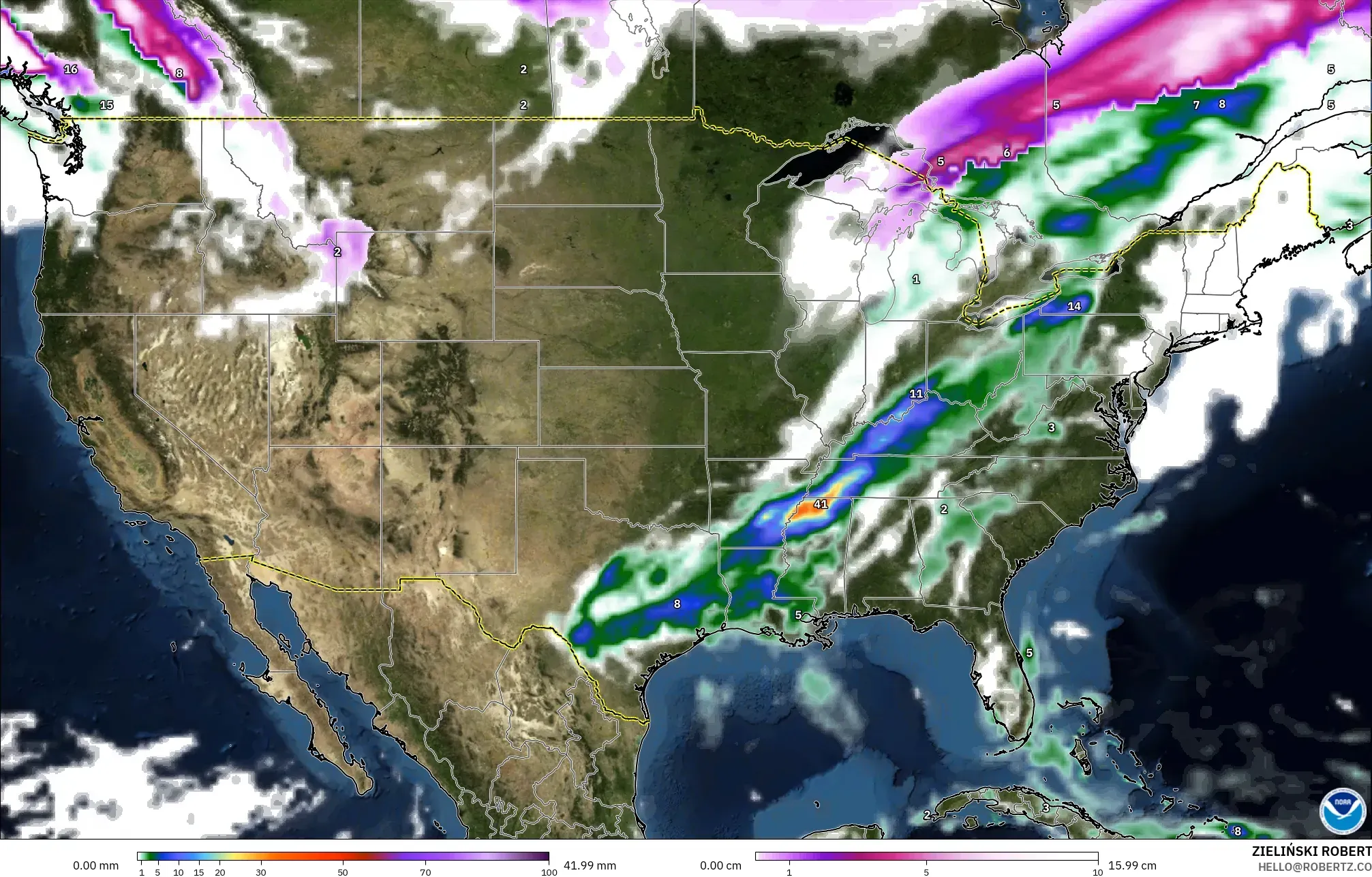 GFS model - United States, Precipitation, Clouds, and Pressure