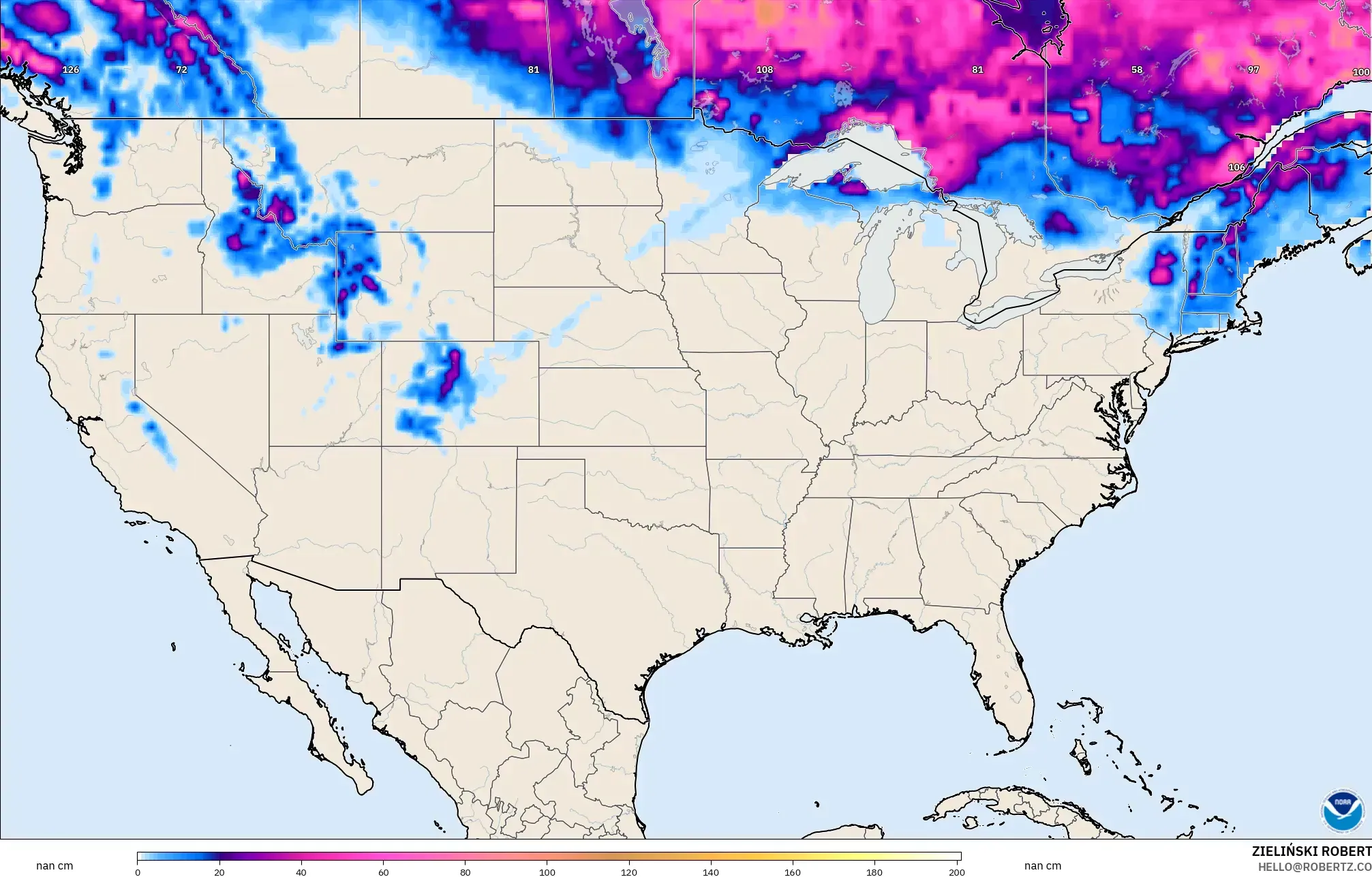 GFS model - United States, Snow Depth