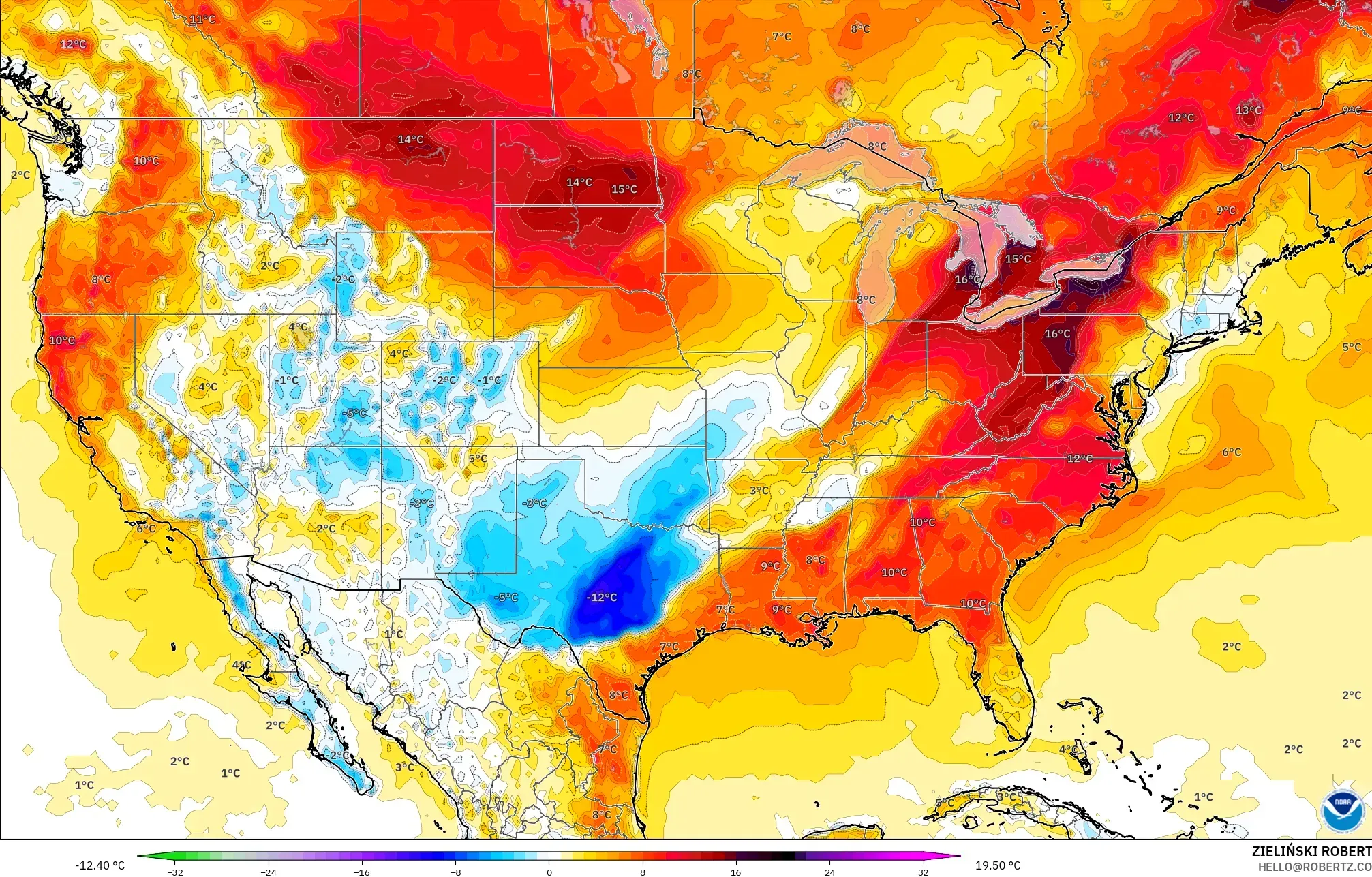 GFS model - United States, Temperature at 2m Anomaly
