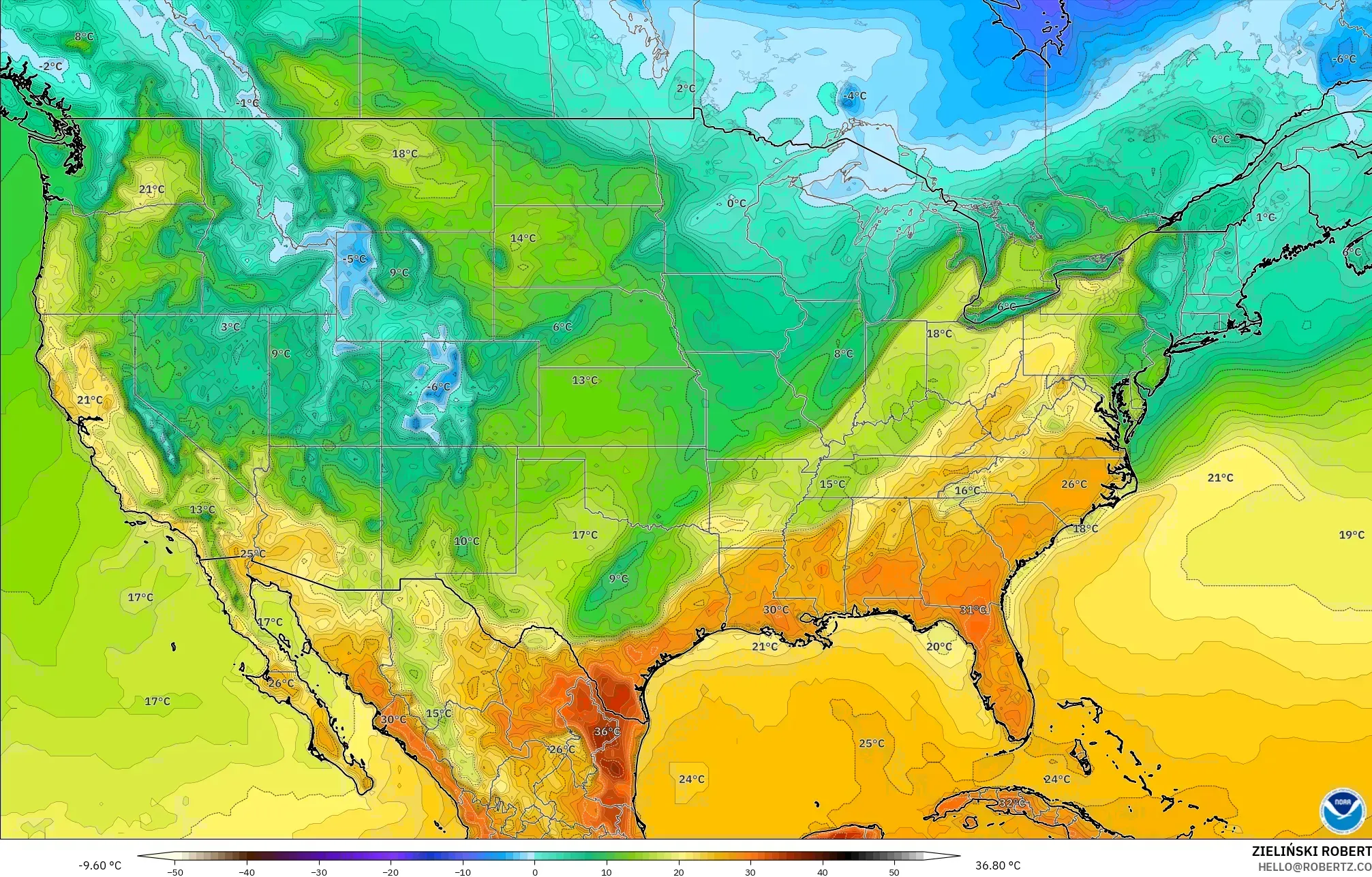 GFS model - United States, Temperature at 2m