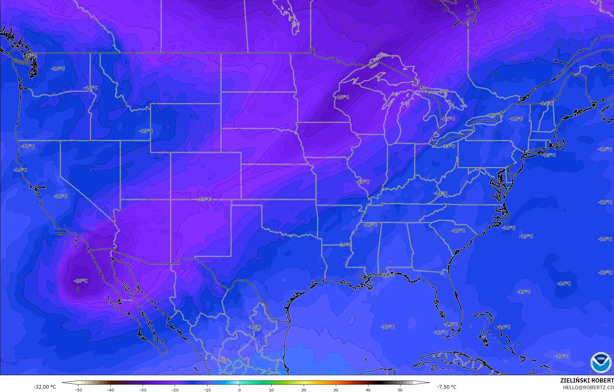 GFS model - United States, Temperature at 500hPa