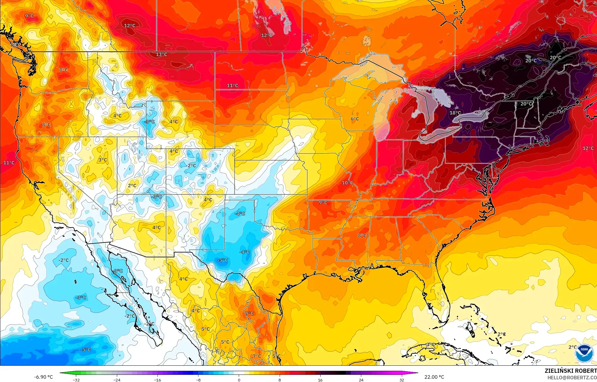 GFS model - United States, Temperature at 850hPa Anomaly