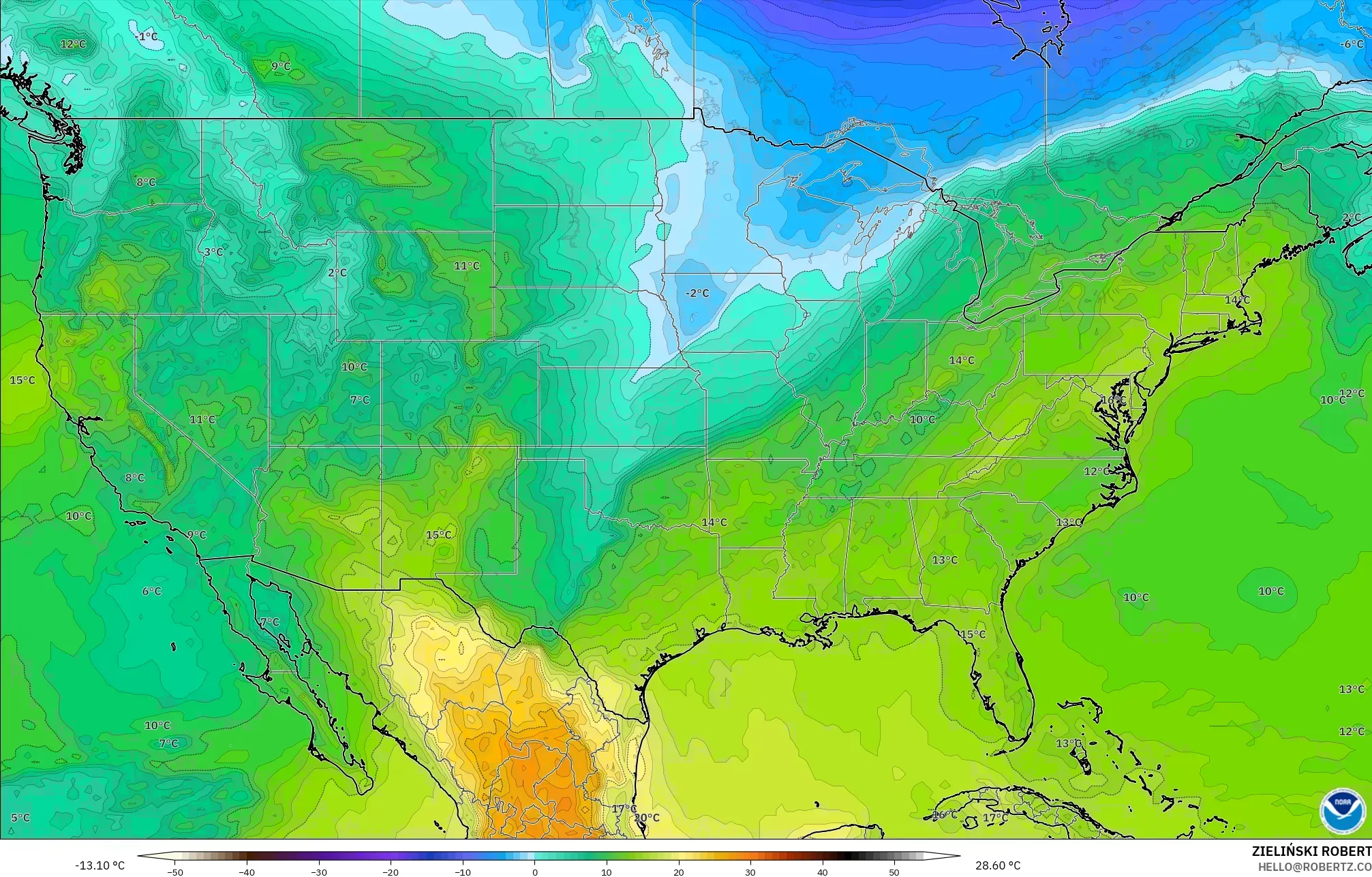 GFS model - United States, Temperature at 850hPa
