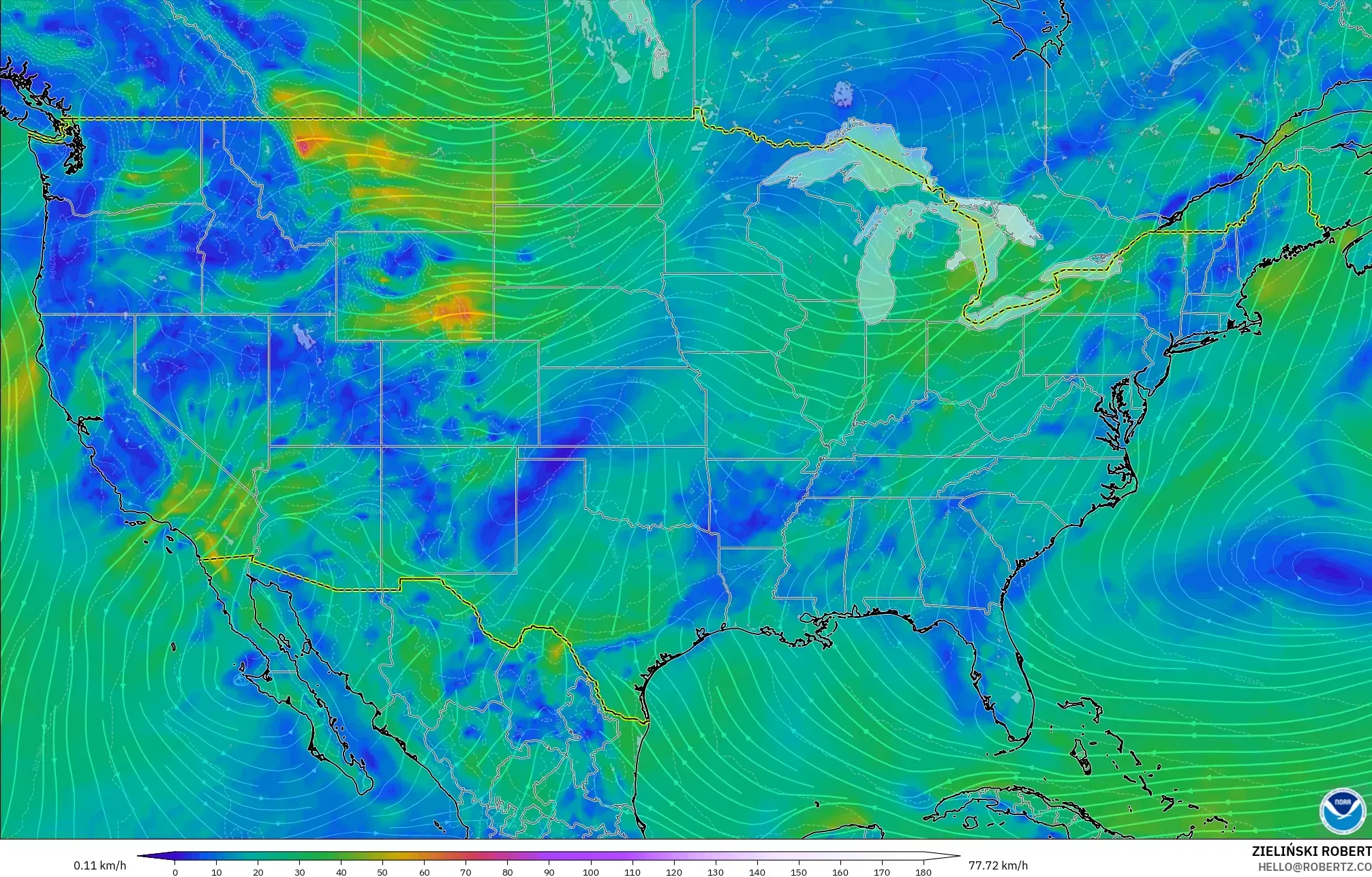 GFS model - United States, Wind at 10m