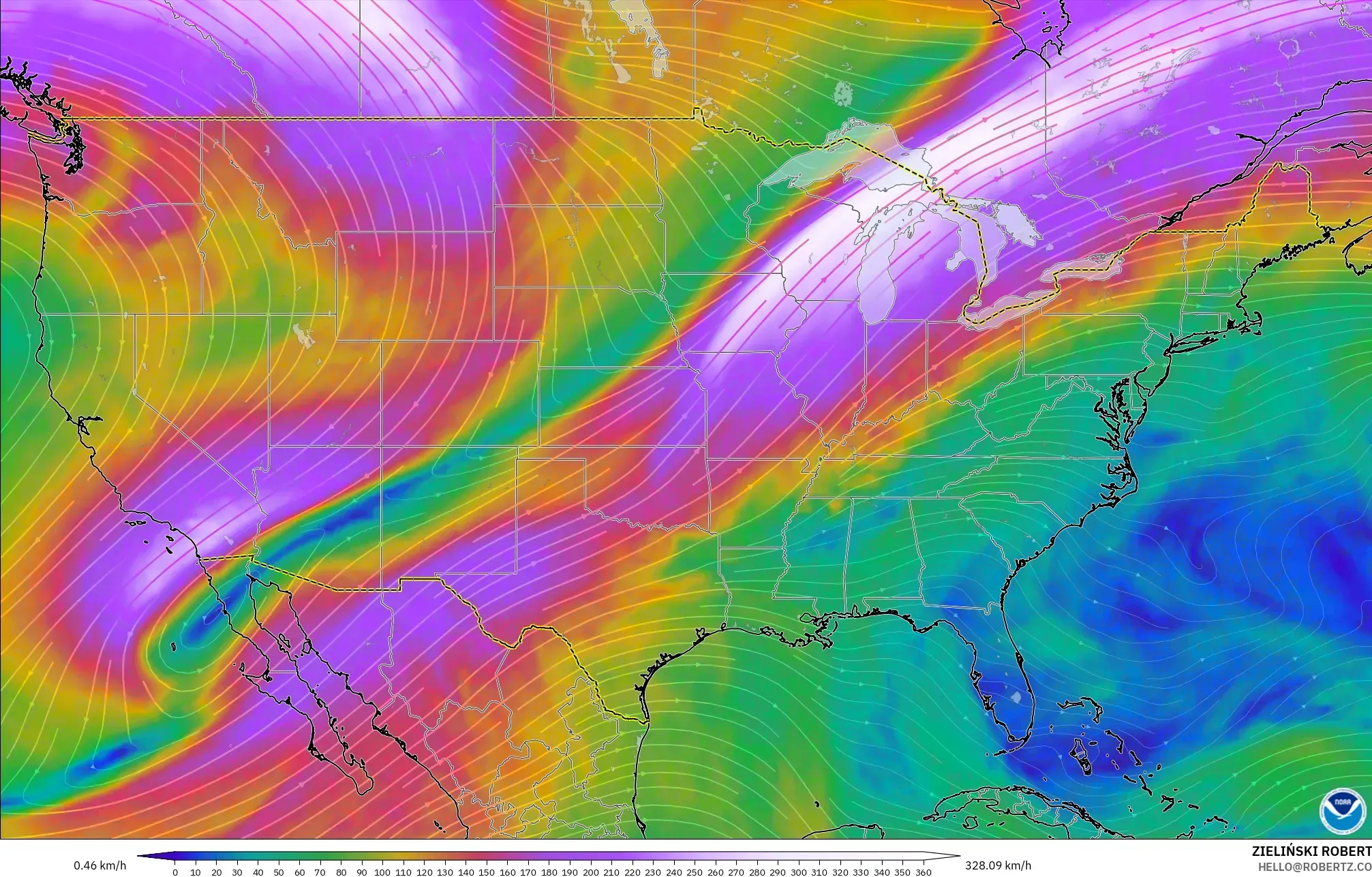 GFS model - United States, Wind at 300hPa (jet stream)
