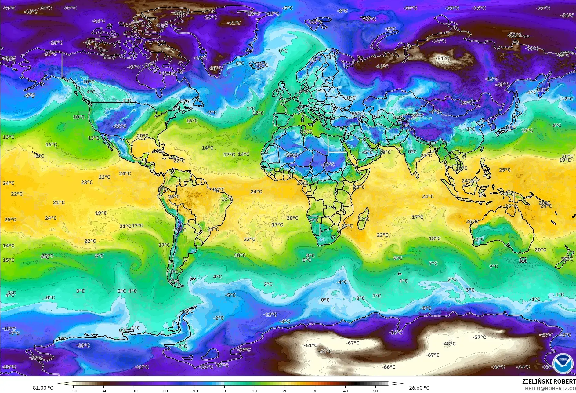 GFS model - World, Dewpoint at 2m