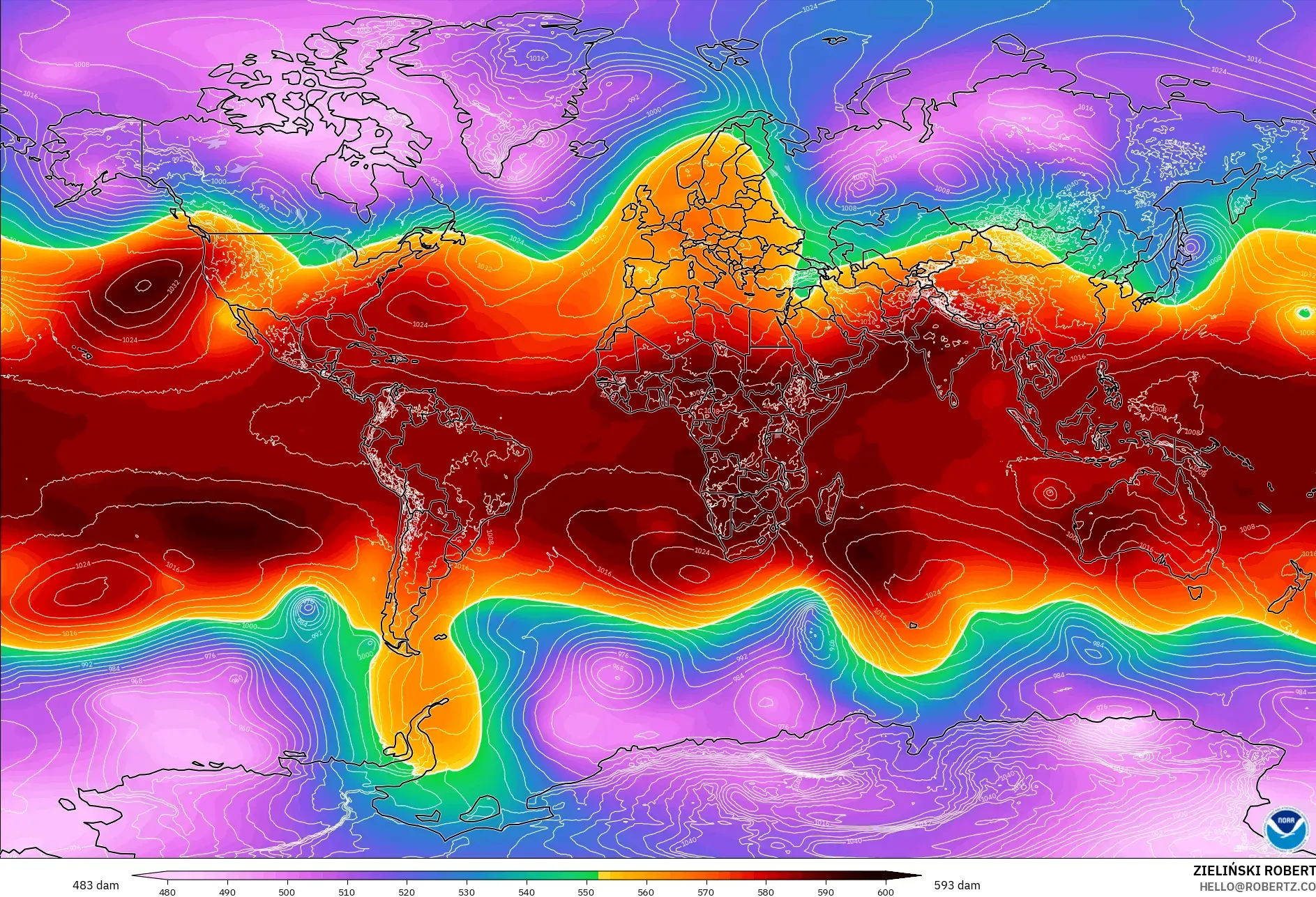 GFS model - World, Geopotential height at 500hPa